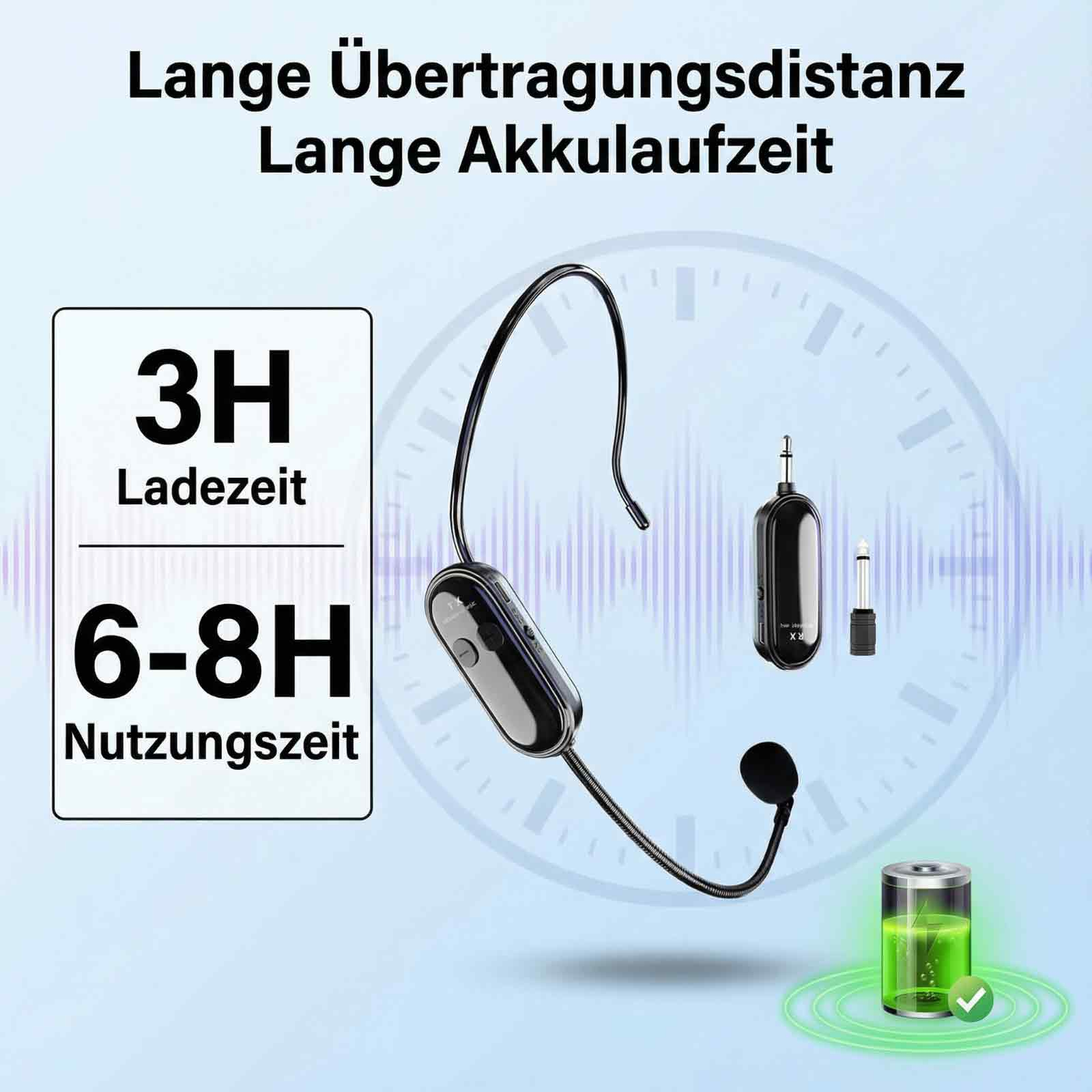 Mikrofon-Set mit Ladeanzeige. Ladezeit 3H, Nutzungszeit 6-8H.