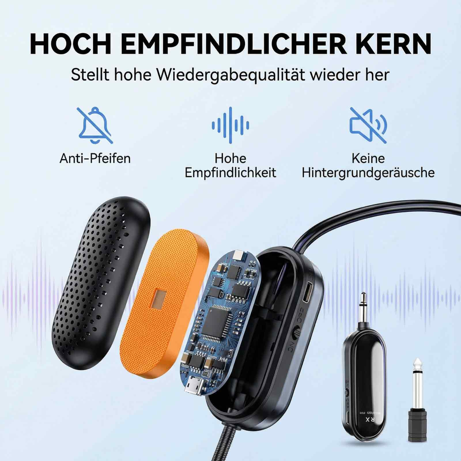 Explosionsansicht von Audiogerätekomponenten: Mikrofon, Orangenes Teil, Platine, Sender/Empfänger.