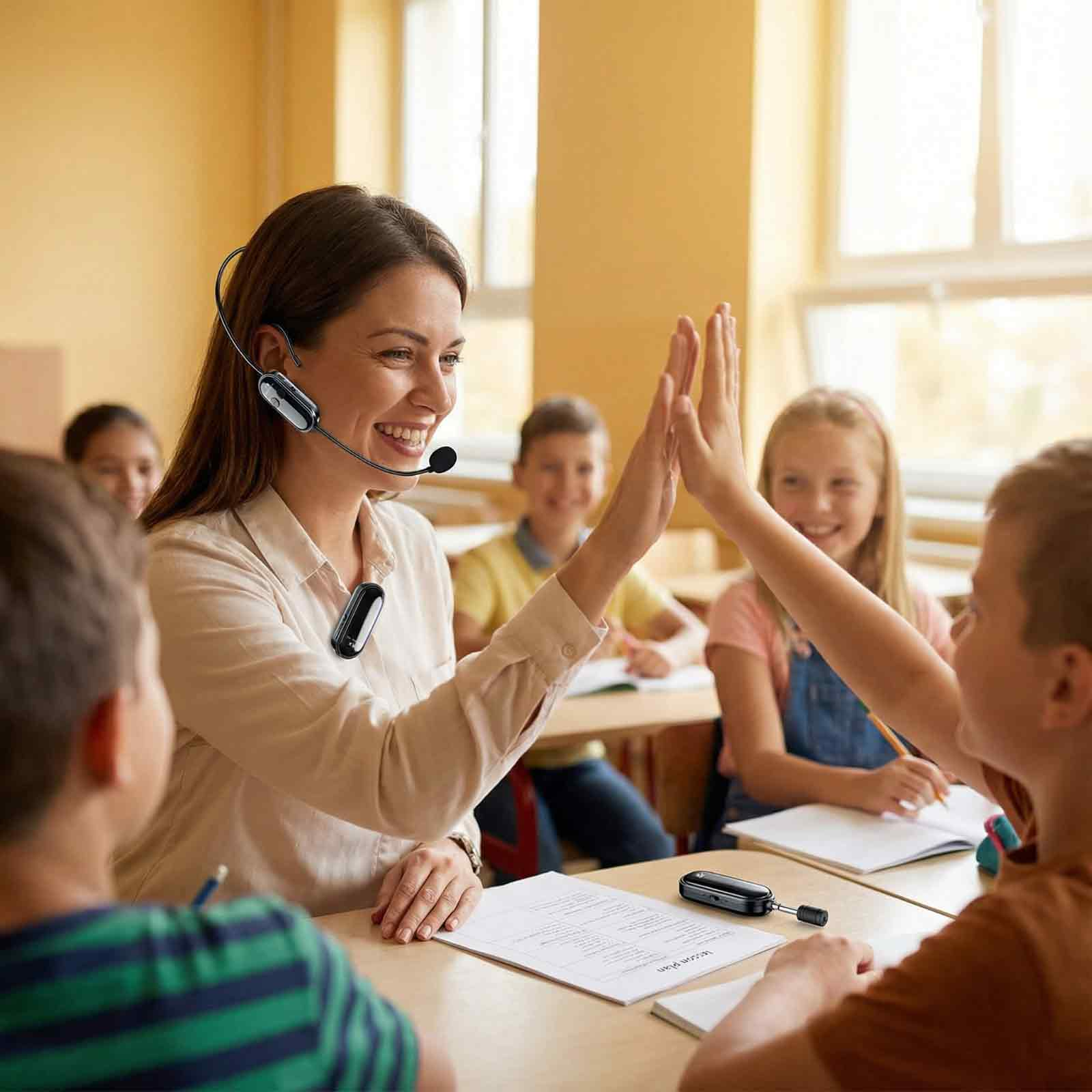 Lehrerin und Schüler geben sich in einem Klassenzimmer einen High-Five.