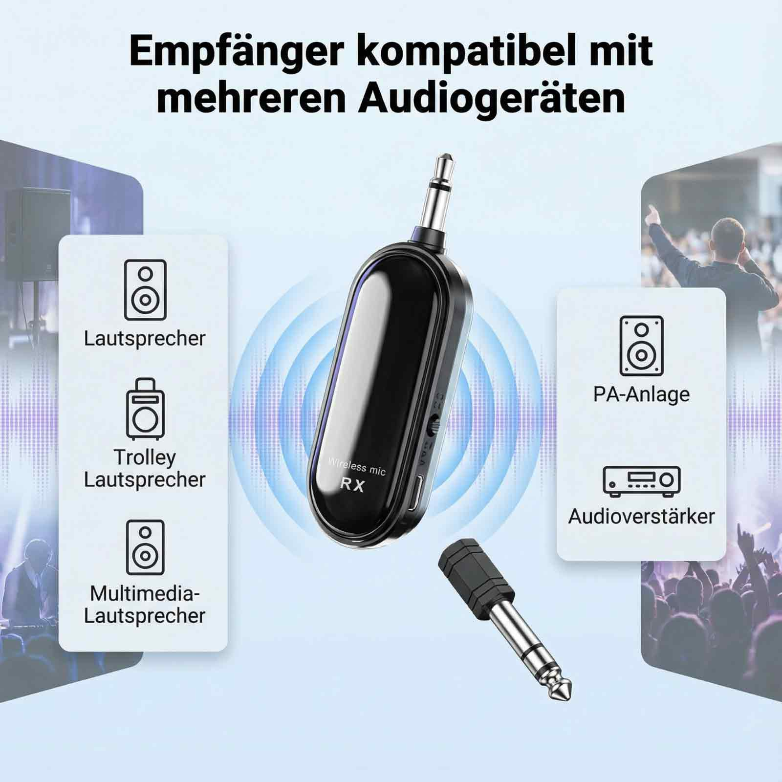 Ein schwarzer Funkempfänger mit Audiogerätesymbolen daneben.