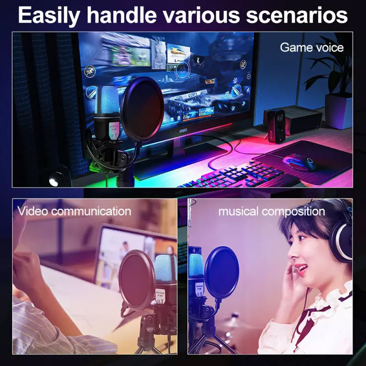 Ein Mikrofon für Gaming, Videoanrufe und Musikkomposition, beleuchtet.