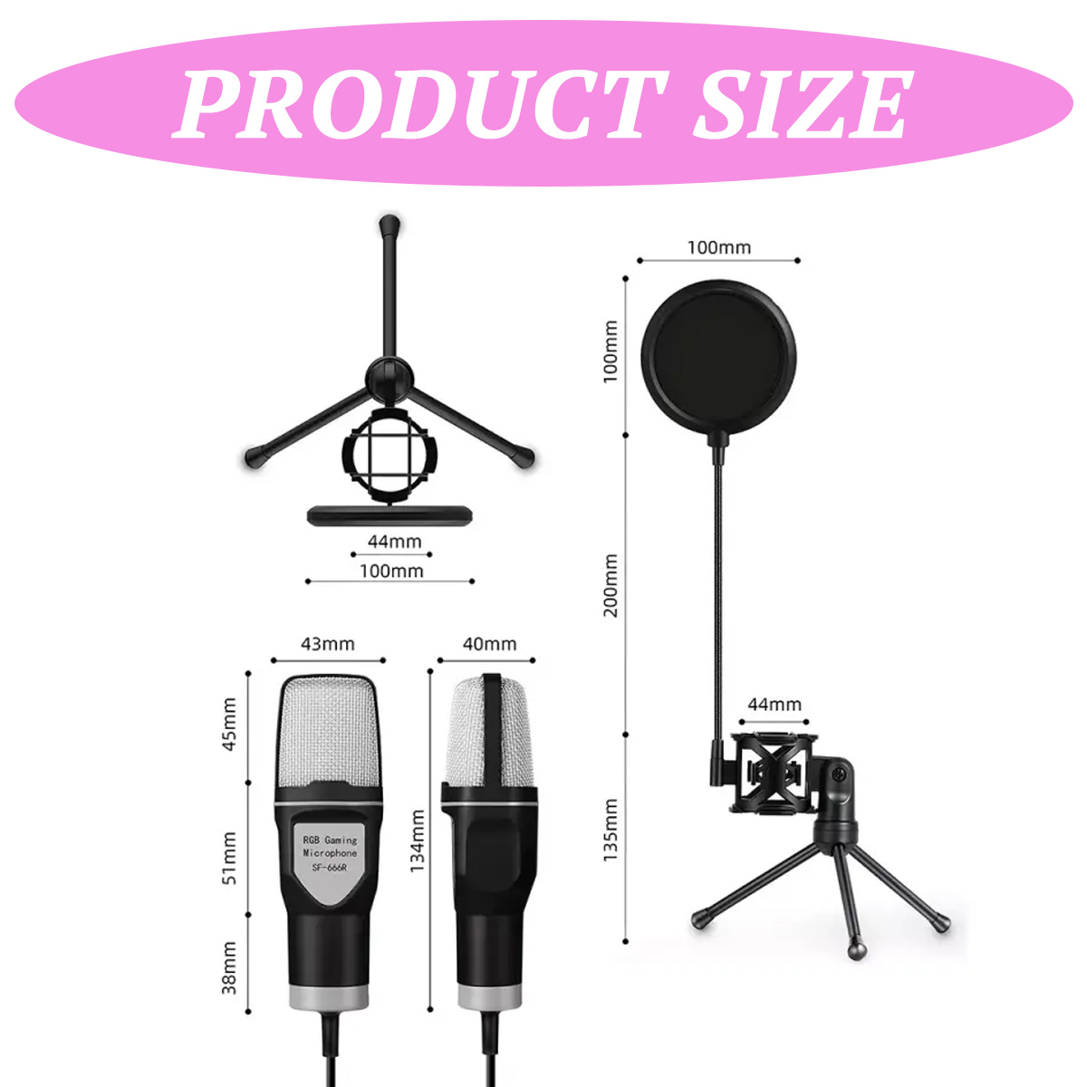 Produktgrößenübersicht: Mikrofone, Ständer und Popfilter mit Maßen.