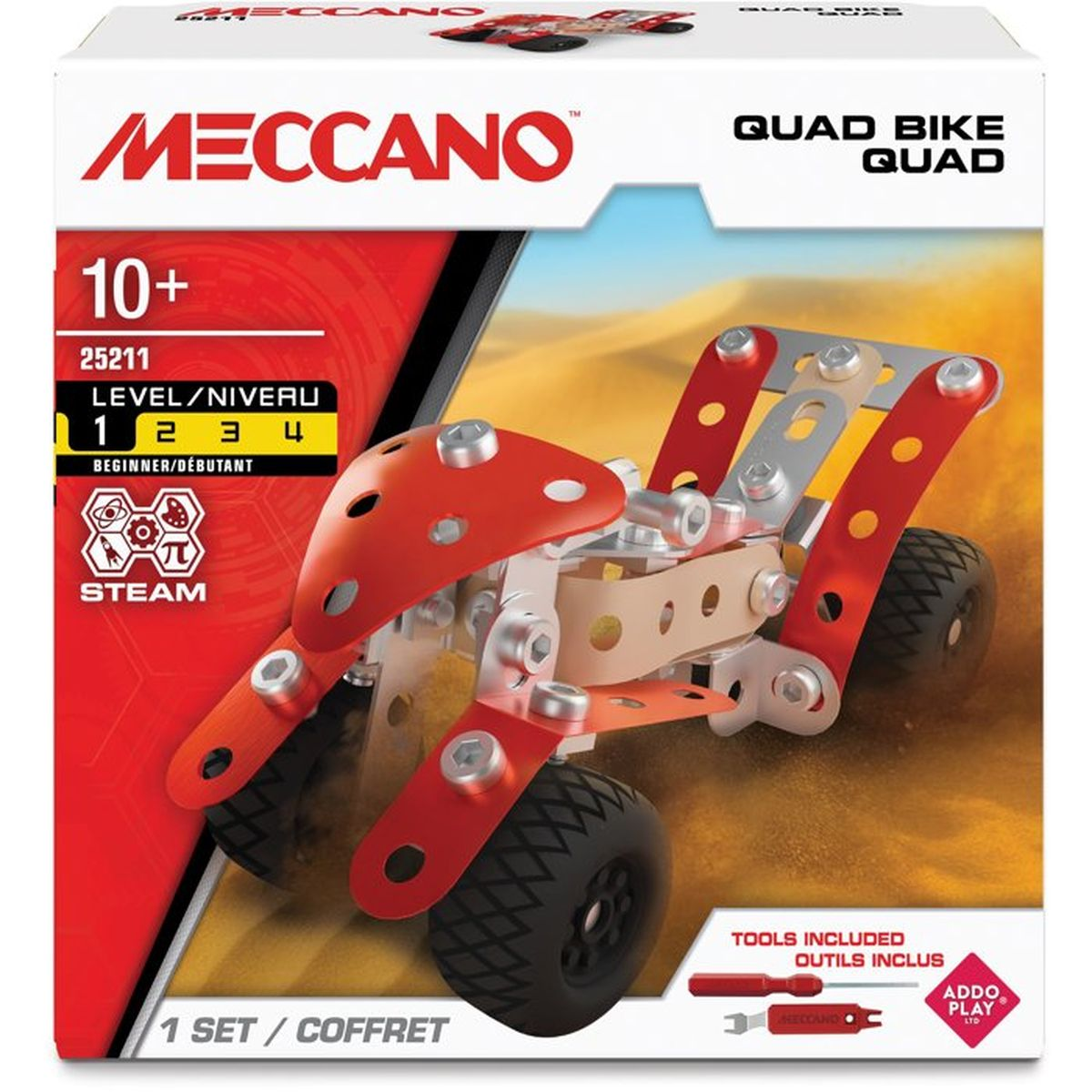 Kit Meccano Quad Bike con veicolo rosso e argento su sfondo desertico.