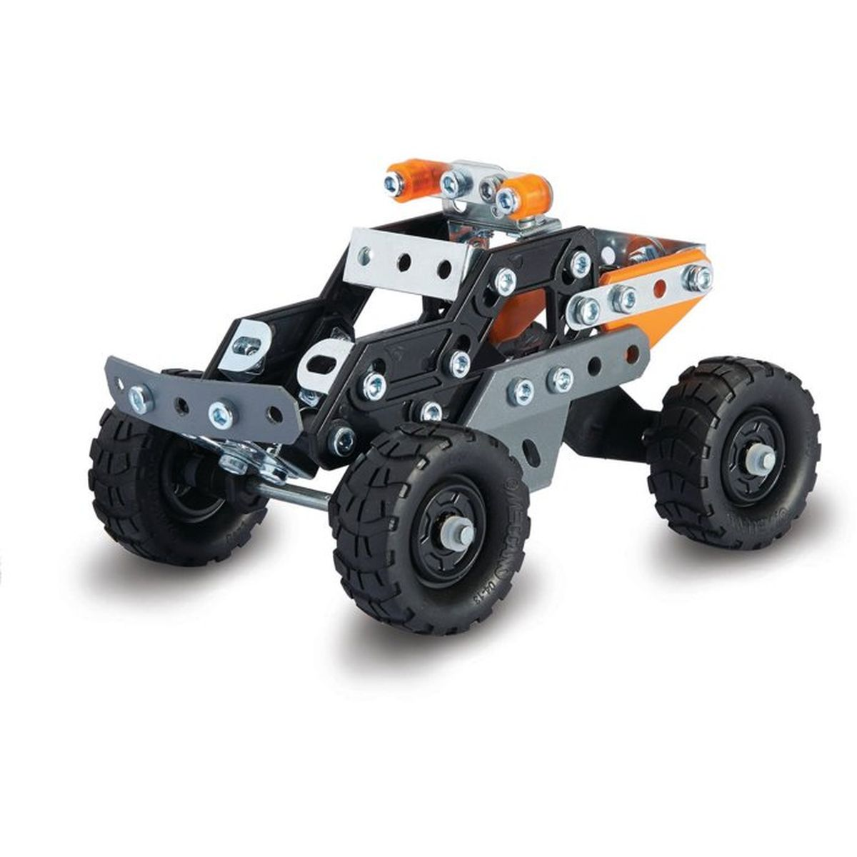 Una buggy giocattolo arancione e nera con quattro ruote e fari.
