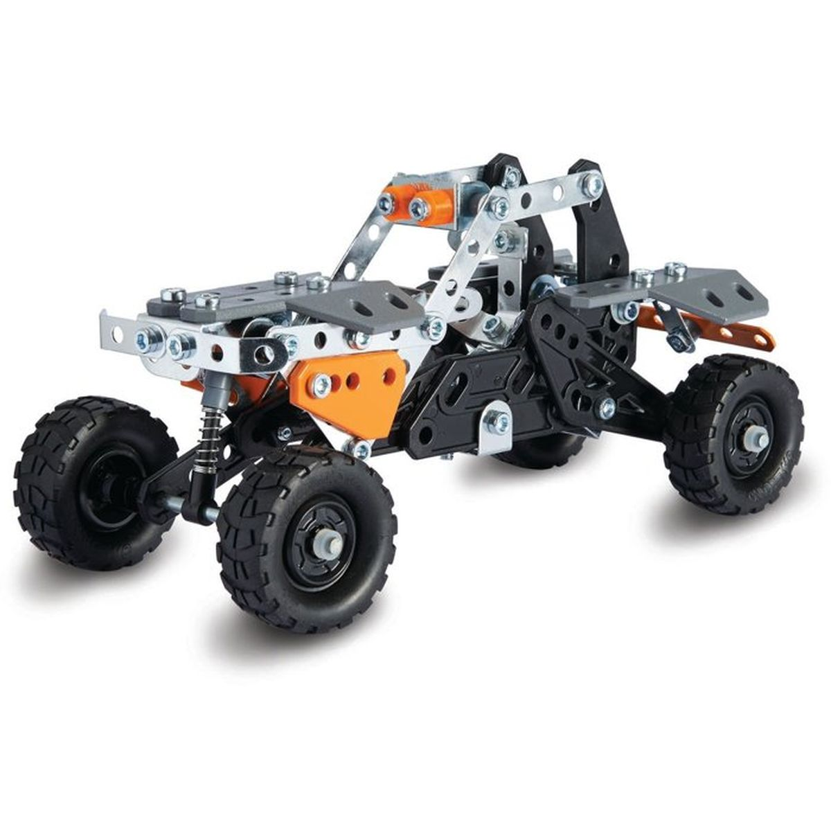 Un buggy argentato e nero in kit di costruzione con accenti arancioni e pneumatici grandi.