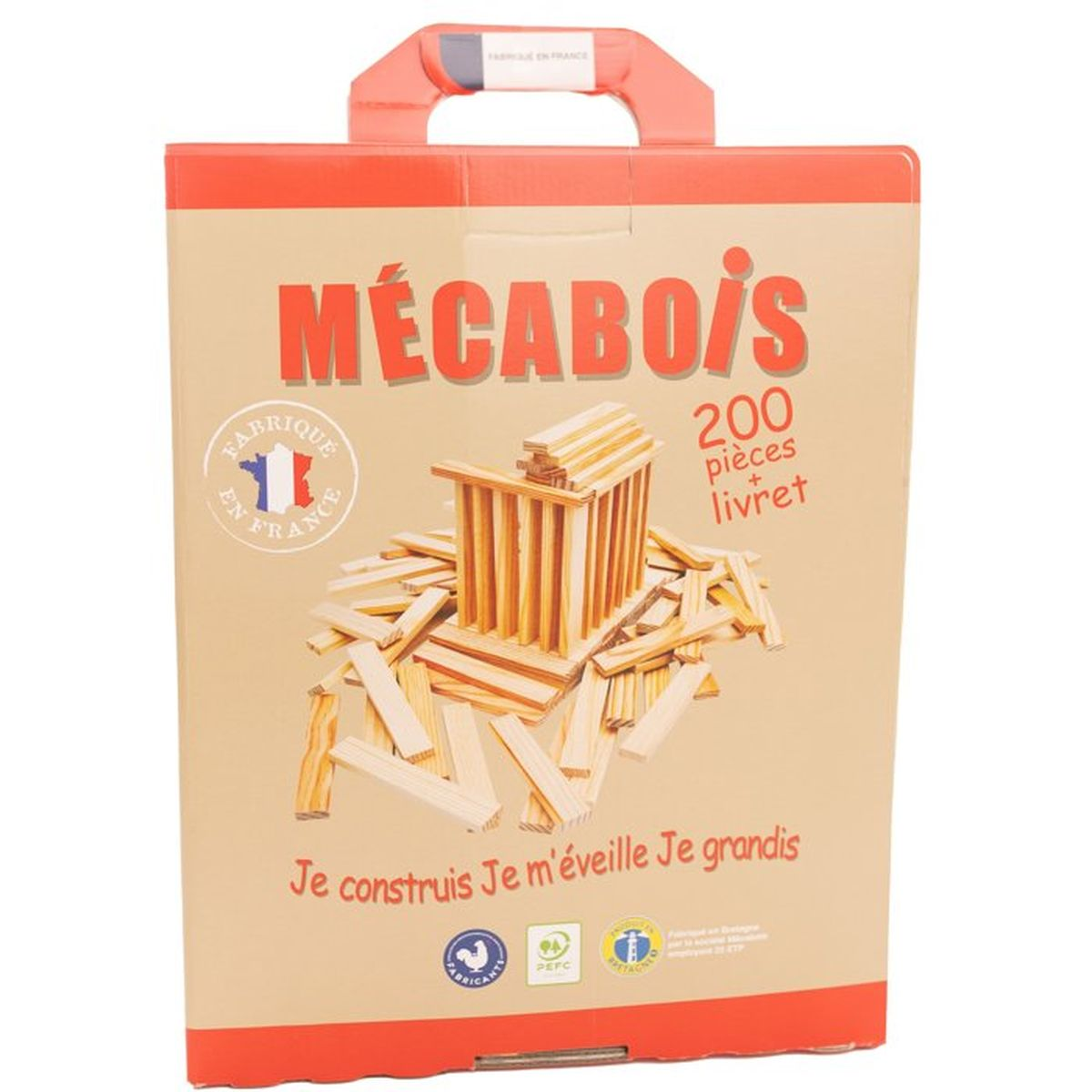 Scatola giocattolo Mécabois con blocchi di legno e istruzioni. Prodotto in Francia.