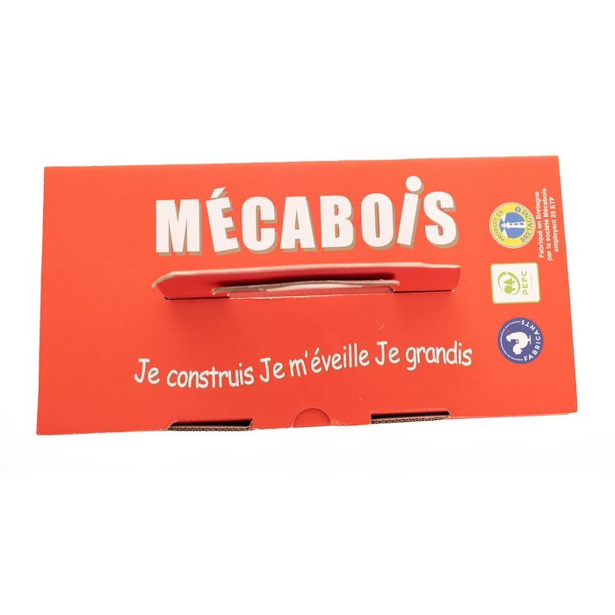 Scatola rossa con logo "MÉCABOİS" e slogan in bianco.