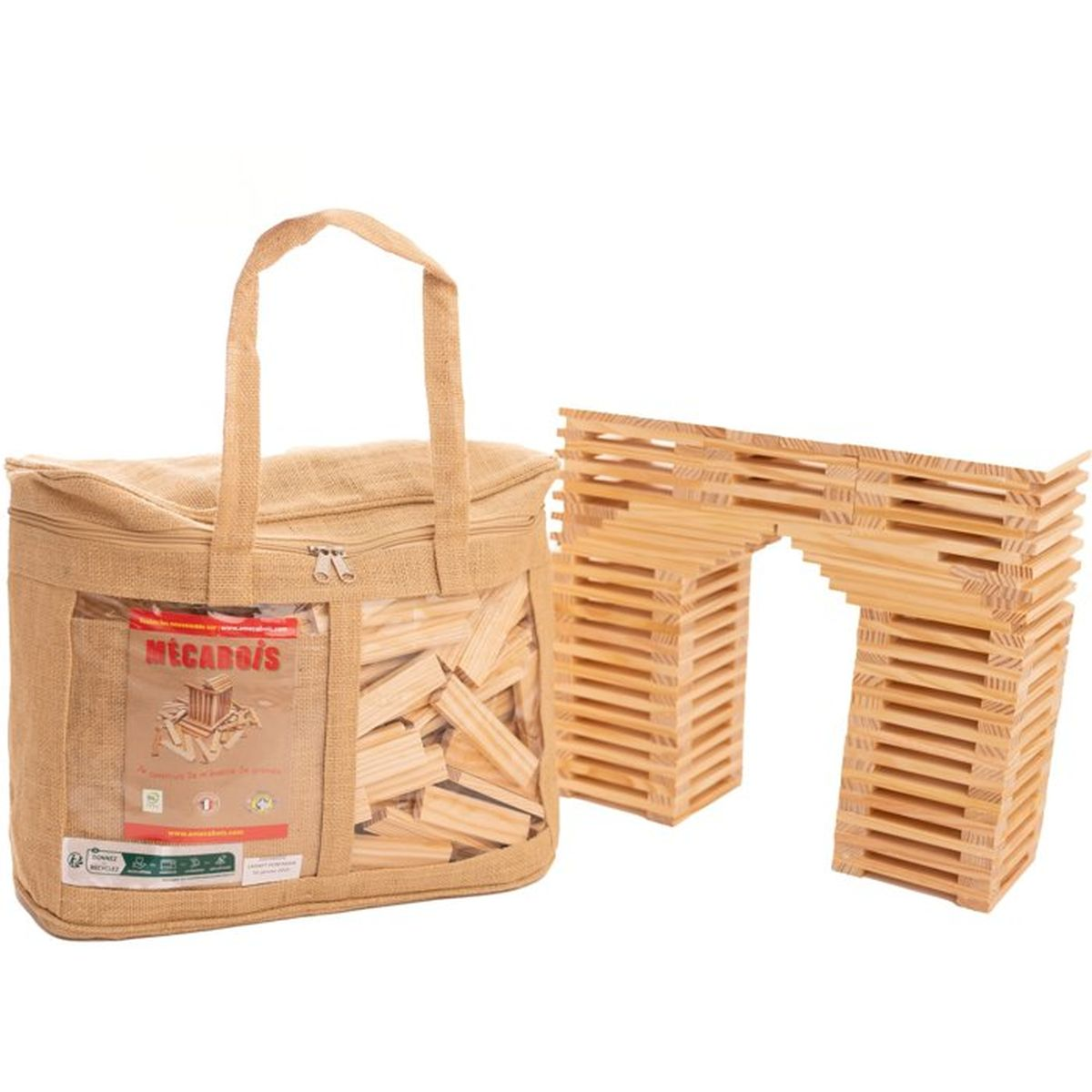 Blocchi di legno in una borsa accanto a una cornice di legno.
