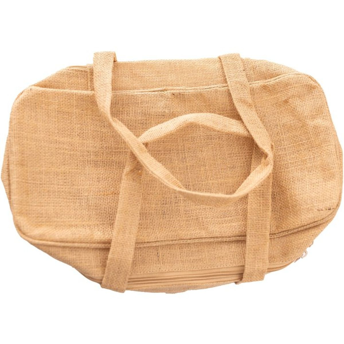 Borsa in juta marrone con due manici e una cerniera lungo il bordo inferiore.