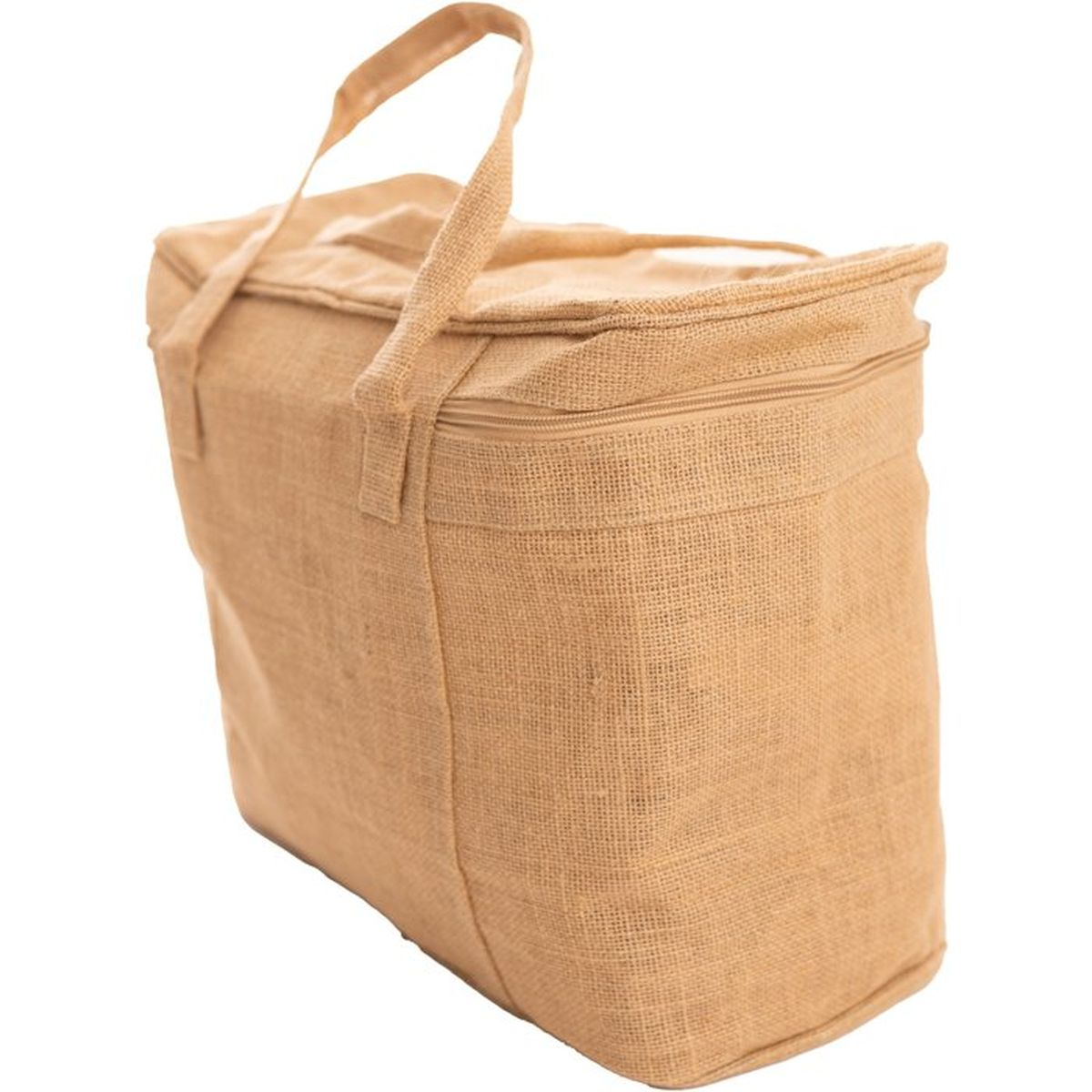Una borsa in juta marrone con cerniera e manici, su sfondo bianco.