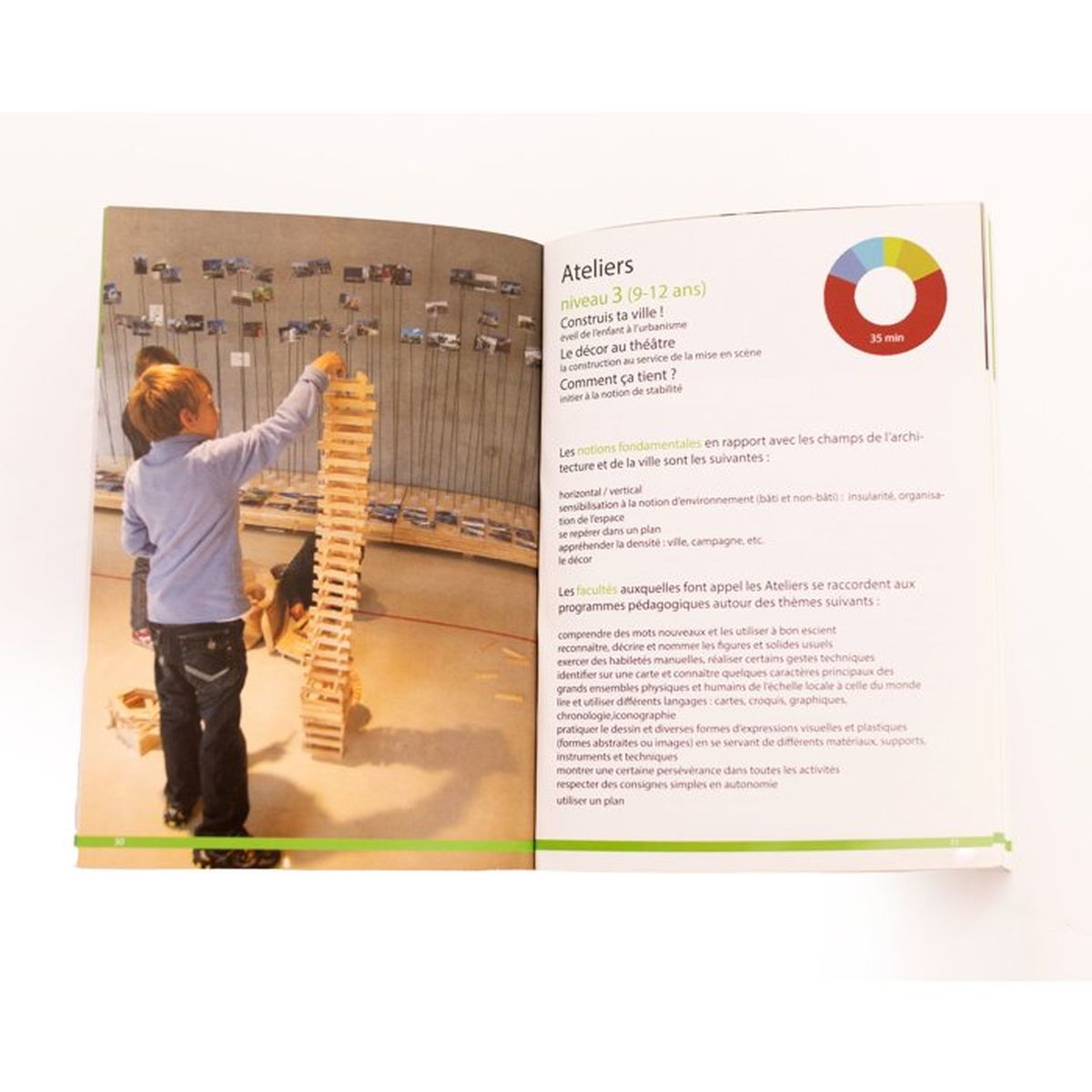 Un ragazzo costruisce una torre di legno davanti a un muro di foto. Testo sui workshop a destra.