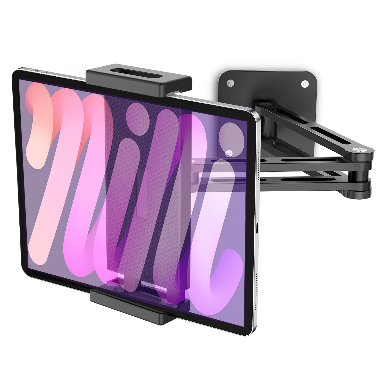 Ein Tablet auf einem schwenkbaren Arm, der an einer Wandhalterung befestigt ist.
