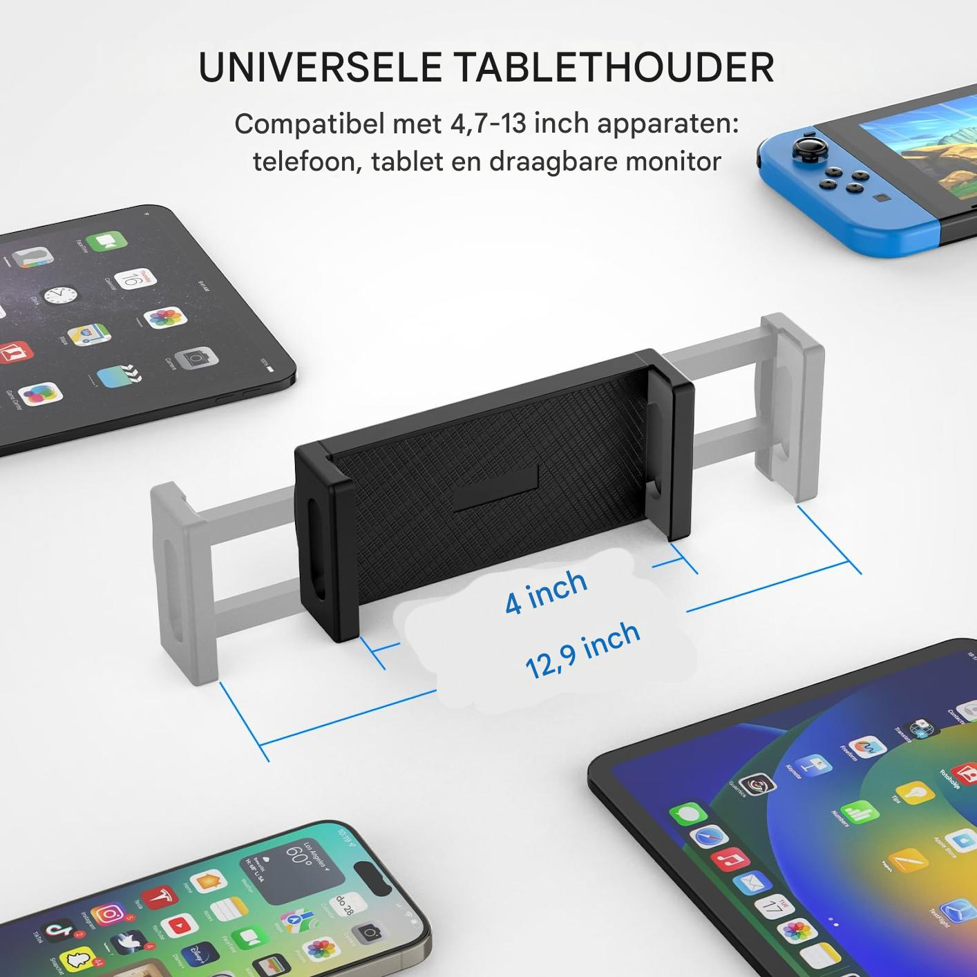 Universeller Tablethalter für Geräte von 4,7-13 Zoll, mit Telefon, Tablet, Monitor.