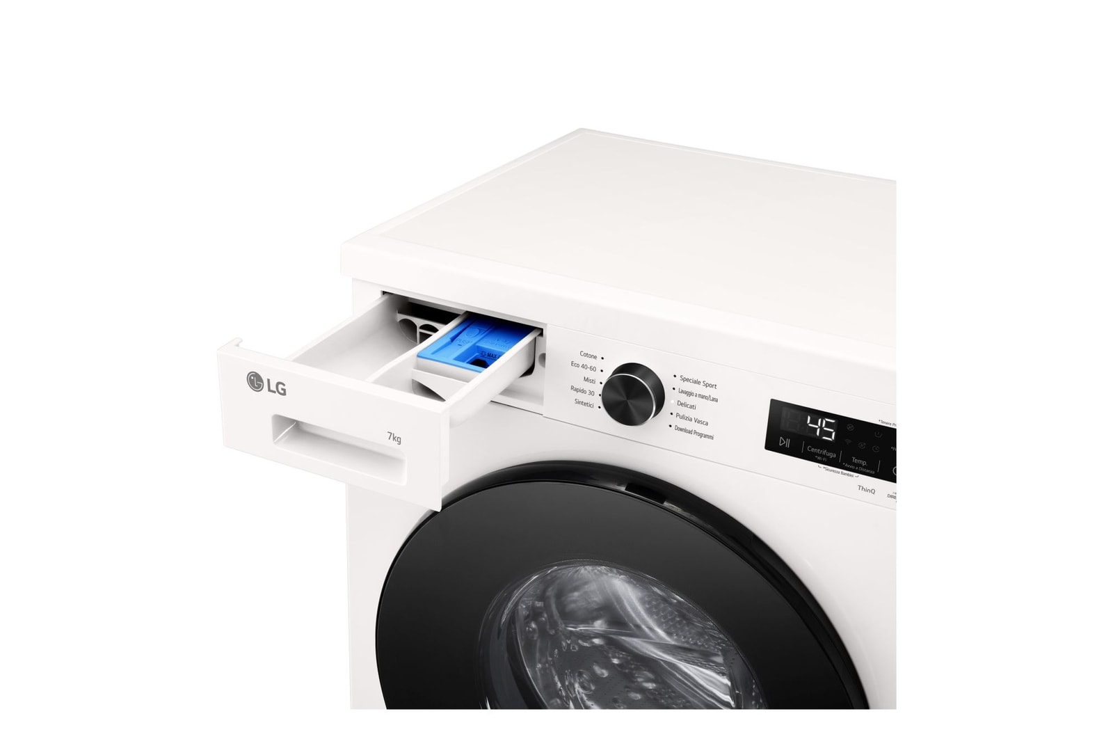 Una lavatrice LG bianca con cassetto detersivo esteso e pannello di controllo visibile.