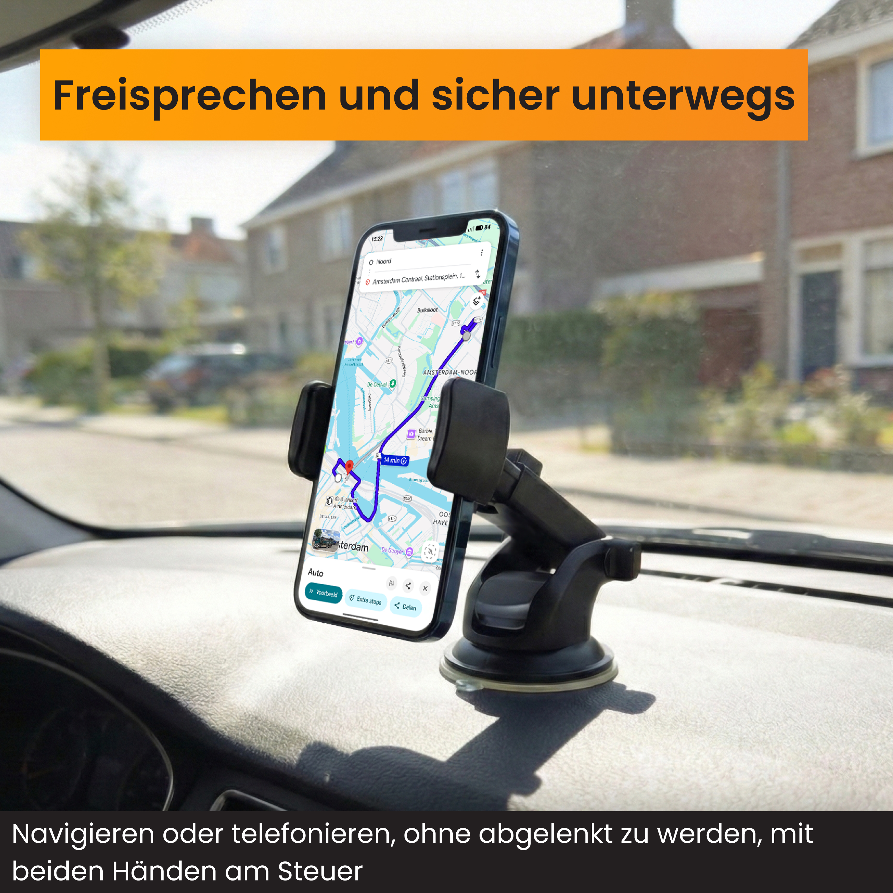 Ein Smartphone mit Navigations-App ist in einer Autohalterung befestigt.