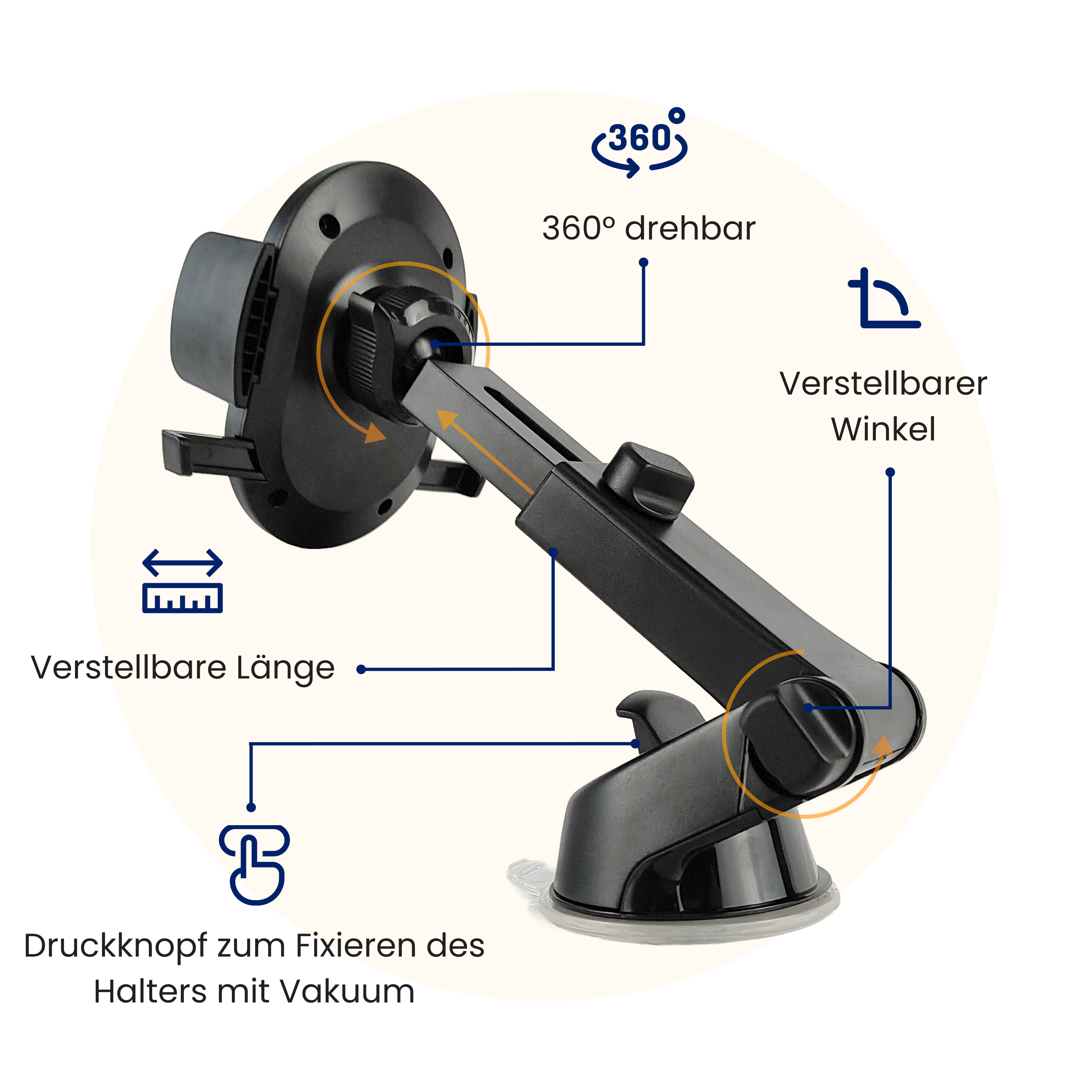Ein schwarzer Handyhalter mit Saugnapf und Beschriftungen für verstellbare Länge, Winkel und 360° Drehung.