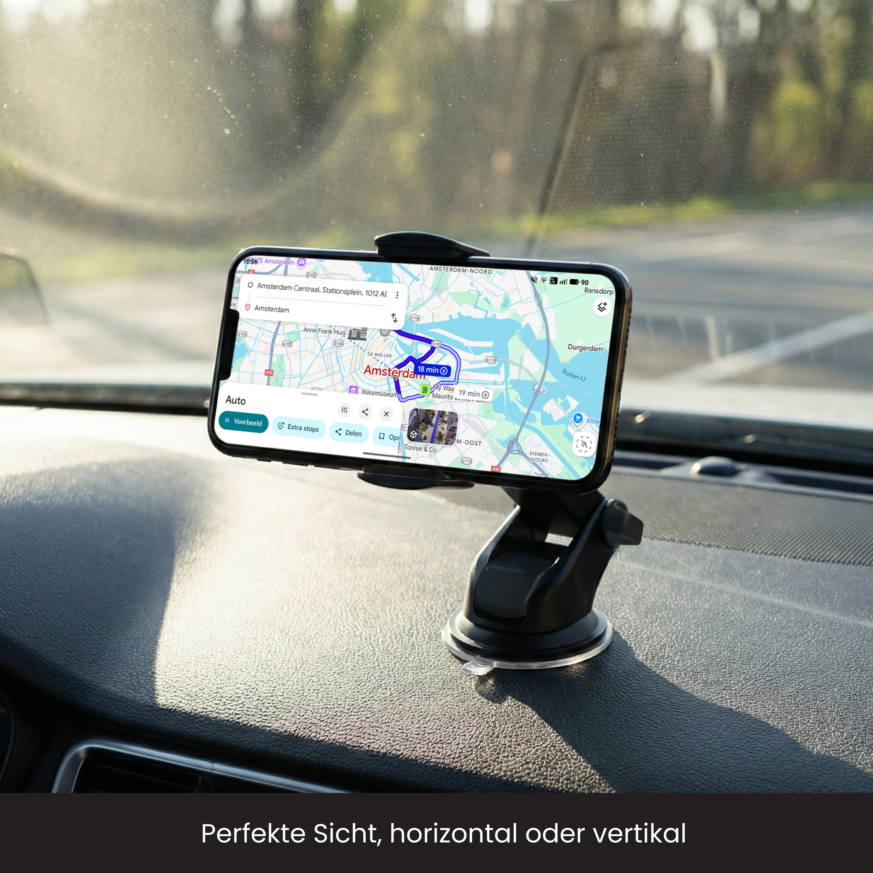 Ein Handy mit Navigations-App auf einer Windschutzscheibenhalterung auf einem Armaturenbrett.