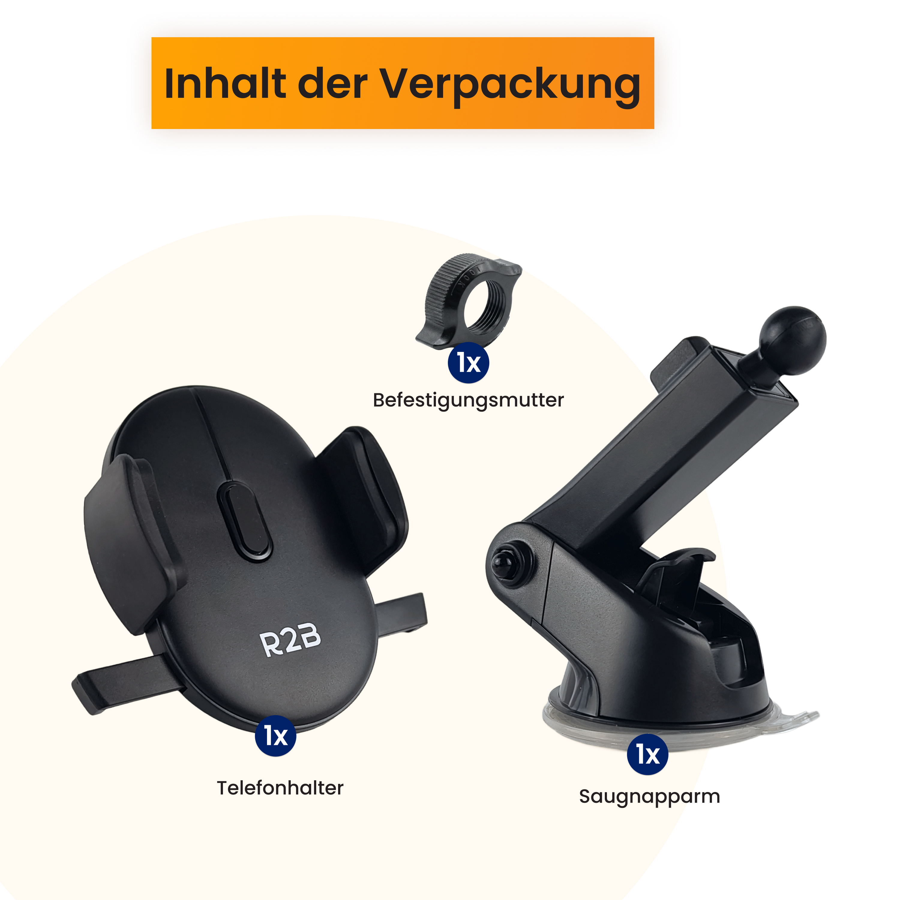 Inhalt der Verpackung: Handyhalter, Befestigungsmutter, Saugnapfarm.