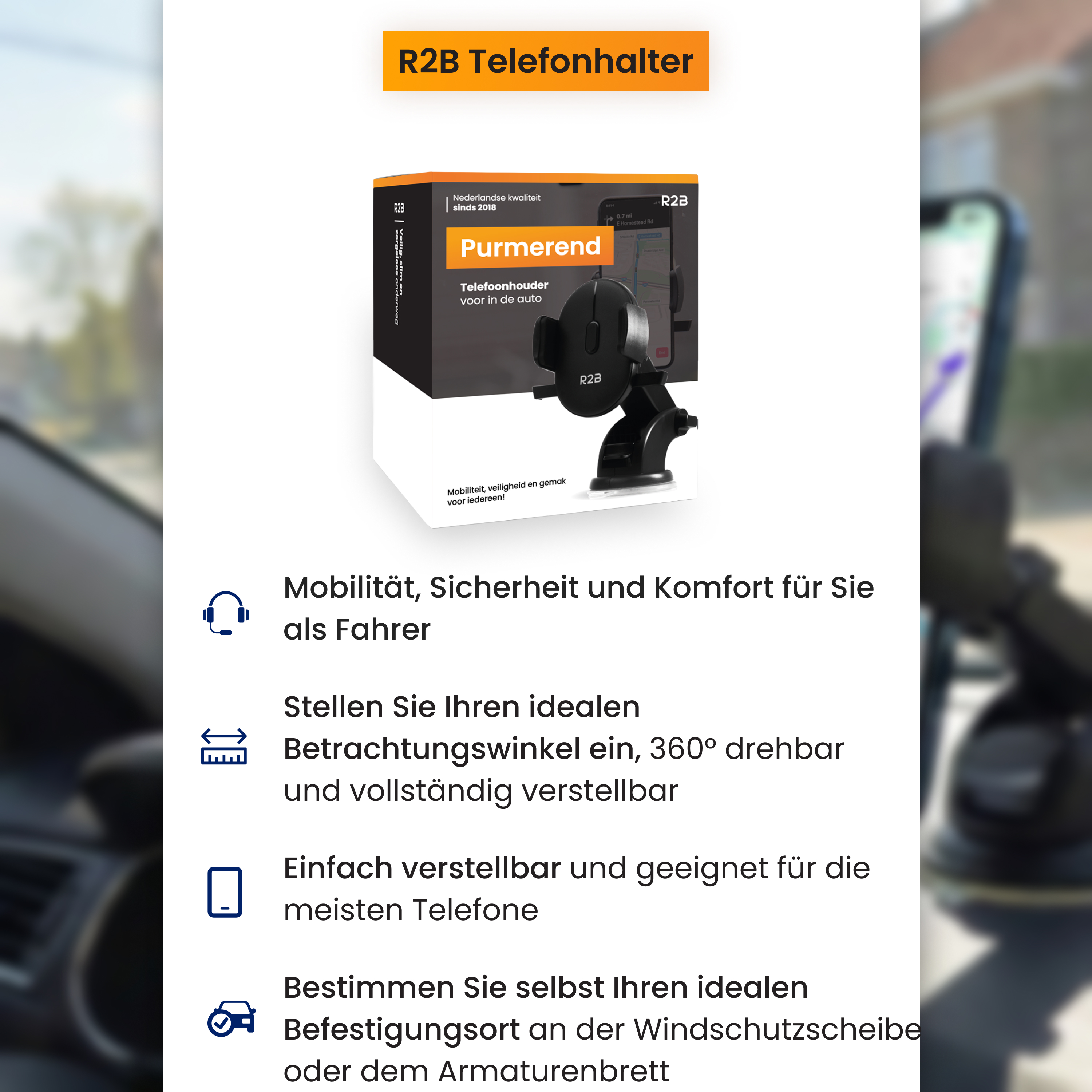 Ein schwarzer R2B-Autotelefonhalter mit Saugnapf und verstellbarem Arm.