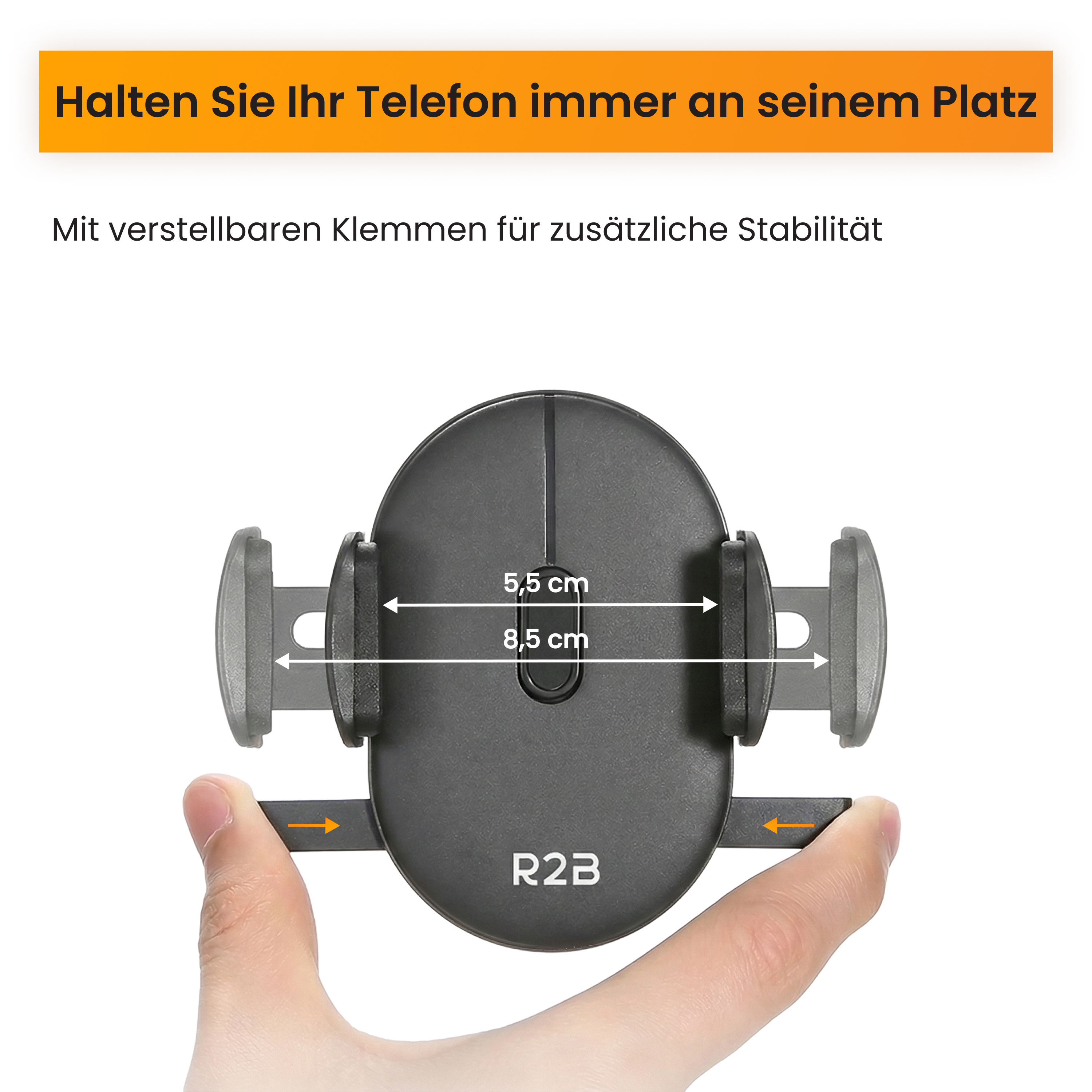 Schwarzer Handyhalter mit verstellbaren Klemmen, misst 5,5 und 8,5 cm.