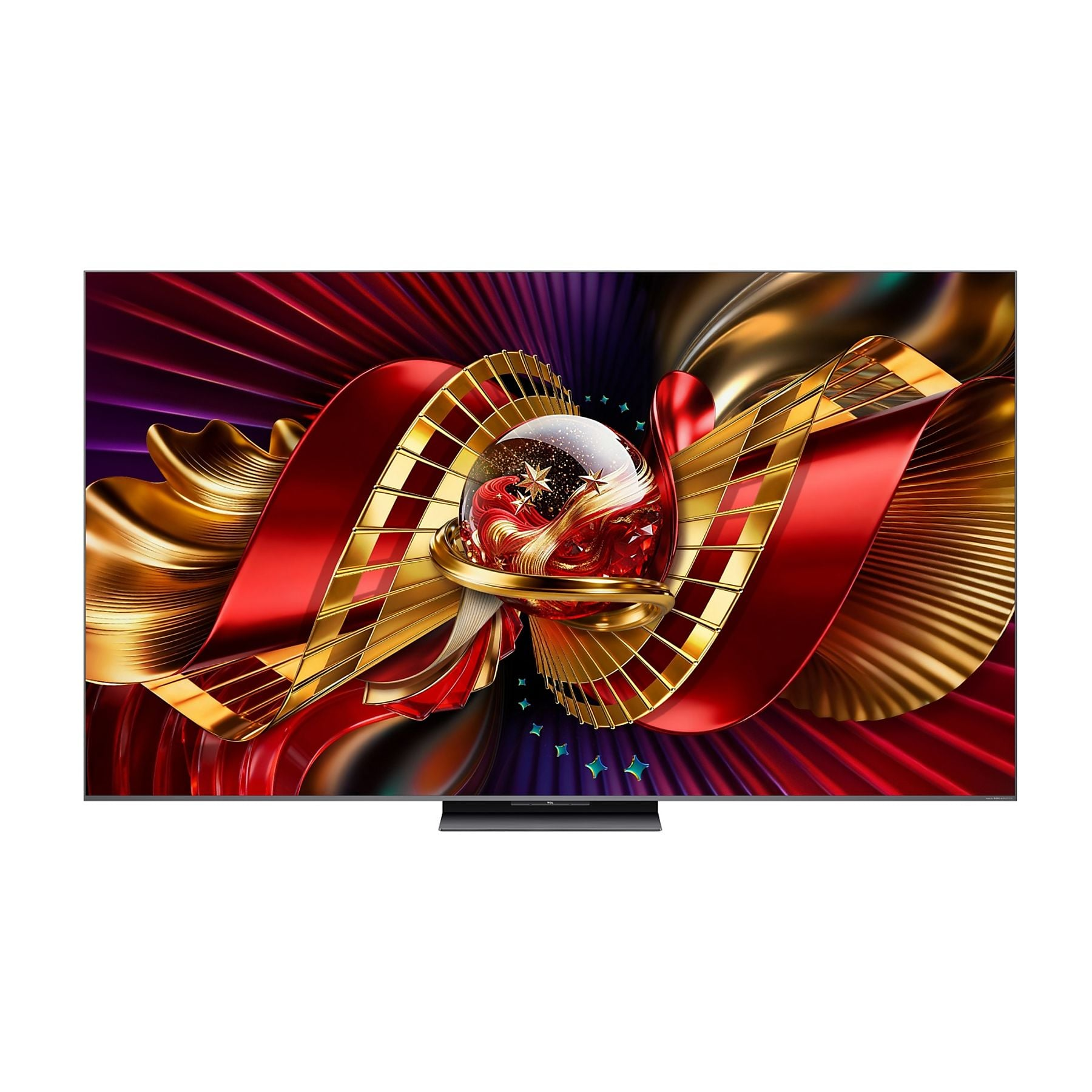 Un televisor muestra una obra de arte abstracta de cintas rojas, doradas y moradas arremolinándose alrededor de un orbe de cristal.