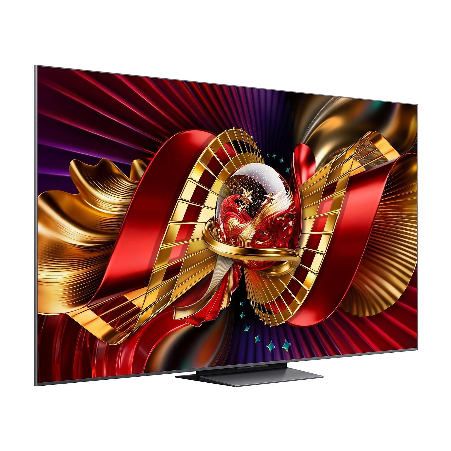 Un elegante televisor muestra una vibrante imagen abstracta de cintas rojas y doradas con un orbe de cristal.