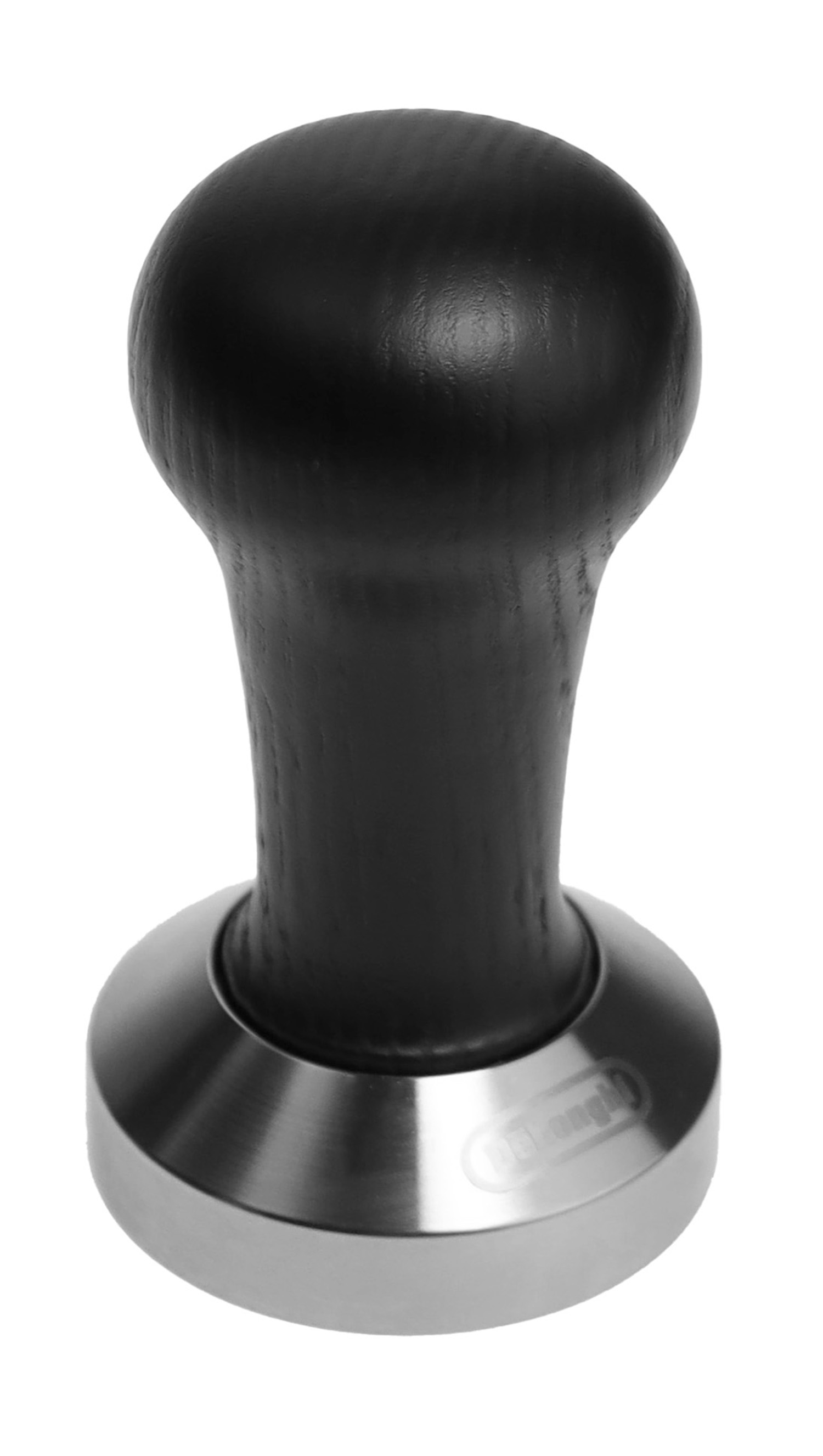Ein schwarzer Holzgriff-Kaffeestampfer mit polierter Metallbasis.