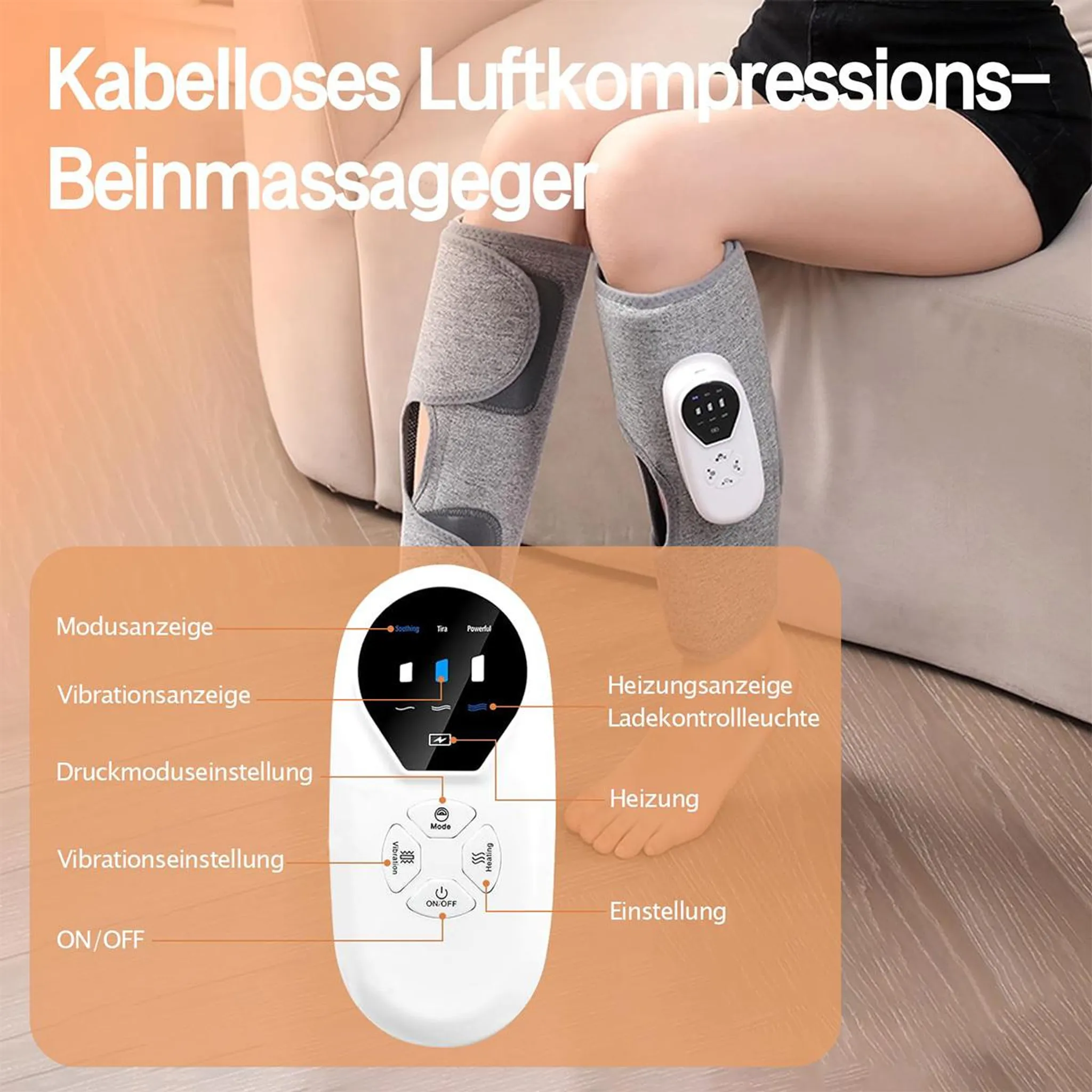 Frau mit Kompressions-Beinmassagegeräten und Fernbedienung.