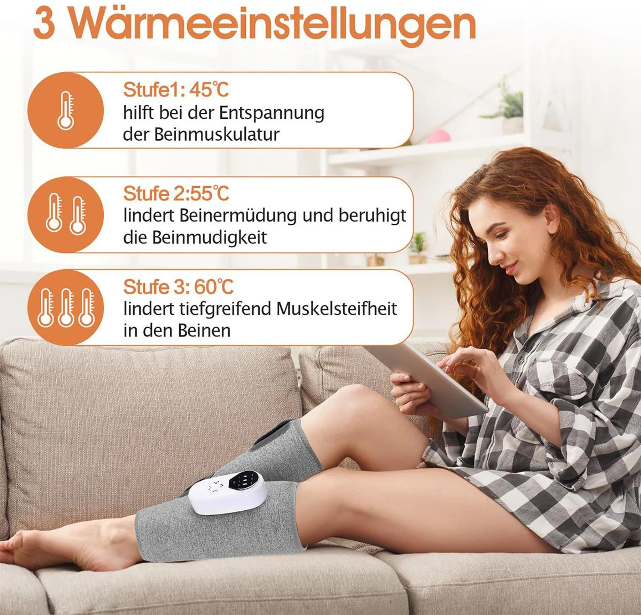 Frau mit Beinwickeln, die ein Tablet benutzt, mit 3 Wärmeeinstellungen.