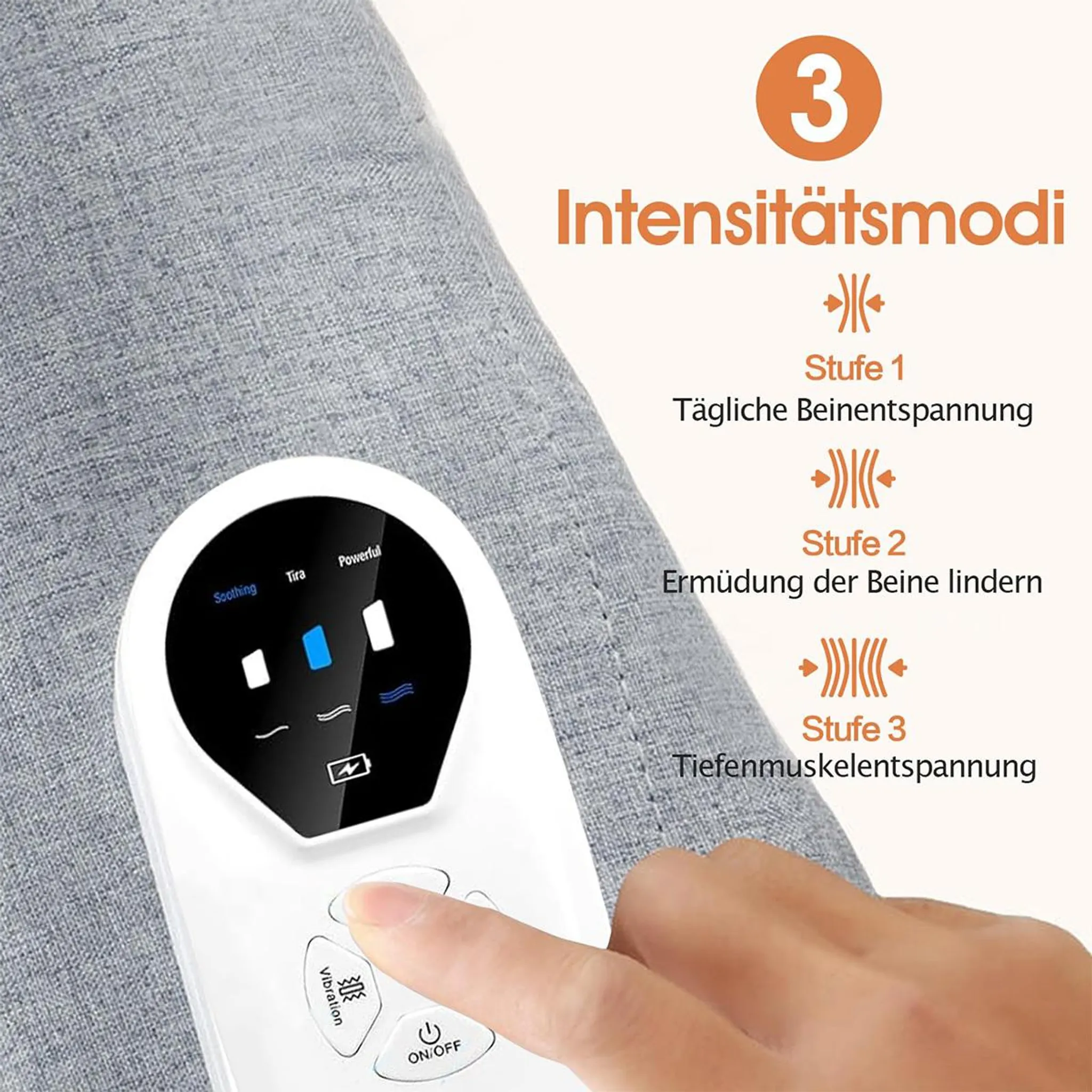 Hand bedient Massagegerät mit 3 Intensitätsstufen für Beine.