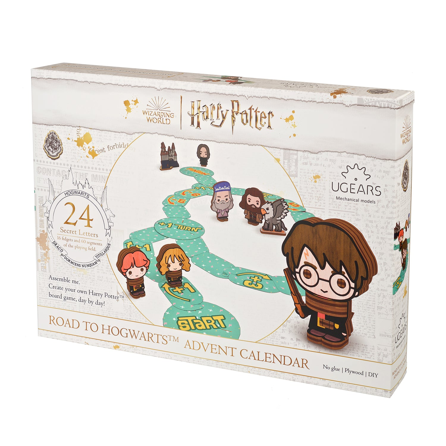 Harry Potter Adventskalender mit Spielfiguren und Spielbrett auf der Verpackung.