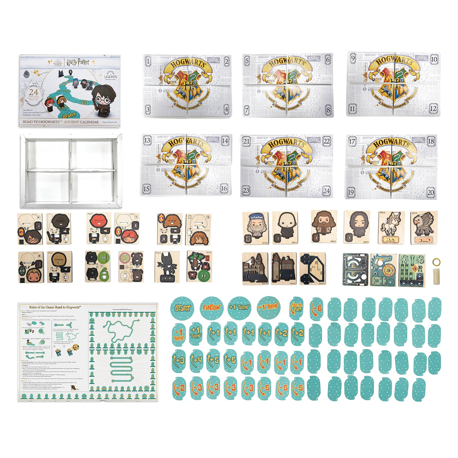 Harry Potter Adventskalender mit Spielfiguren, Brettspielteilen und Zubehör.