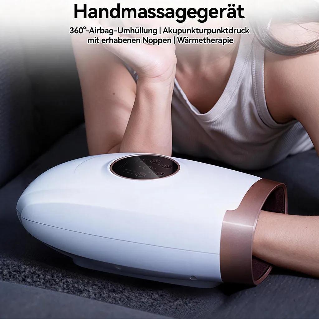 Ein weißes Handmassagegerät mit einem Arm einer Person darin, auf einem Sofa liegend.
