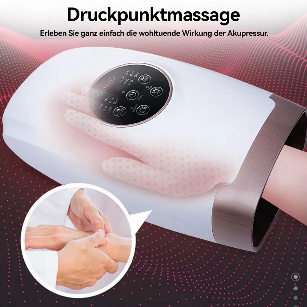 Ein weißes Handmassagegerät mit einem Handausschnitt und einem Bedienfeld.