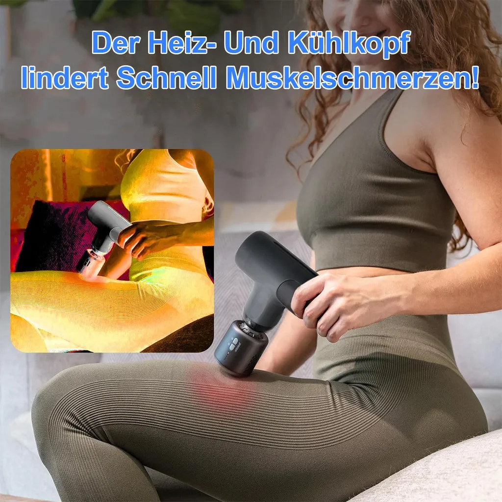 Frau benutzt Massagepistole an Oberschenkel. Nahaufnahme des Geräts auf der Haut.