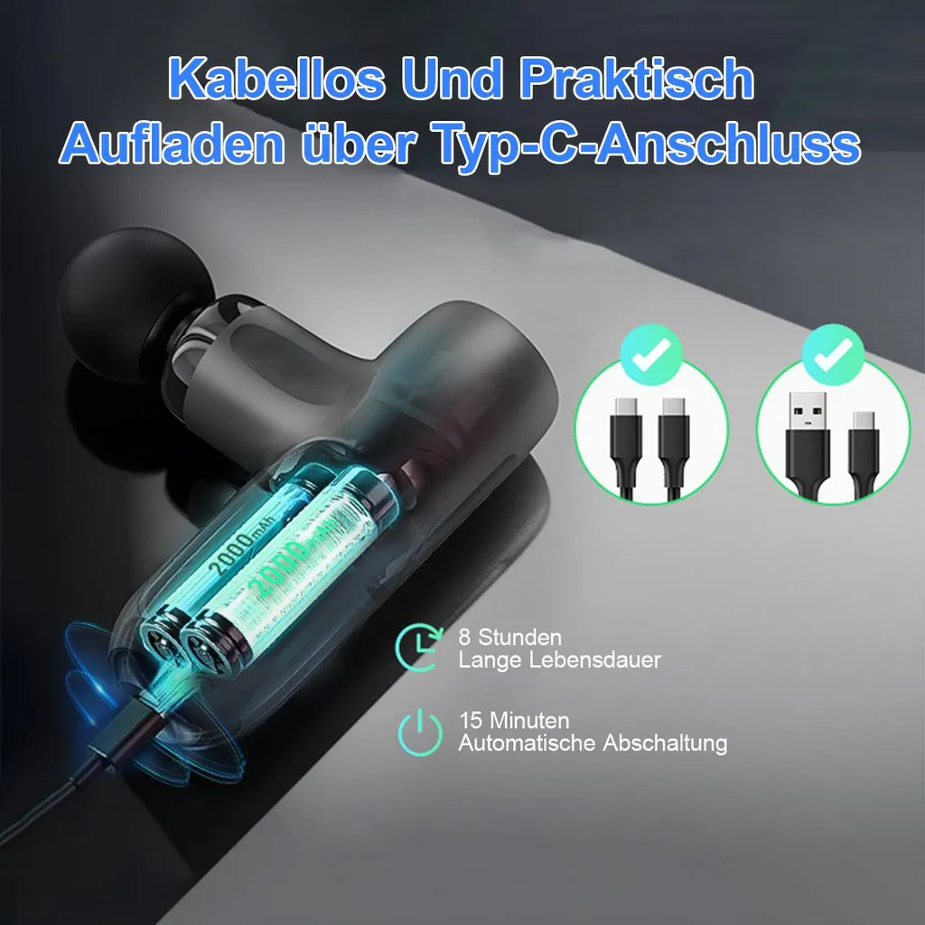 Kabelloses Massagegerät mit Typ-C-Anschluss, 2000mAh Akku, 8 Std. Laufzeit.