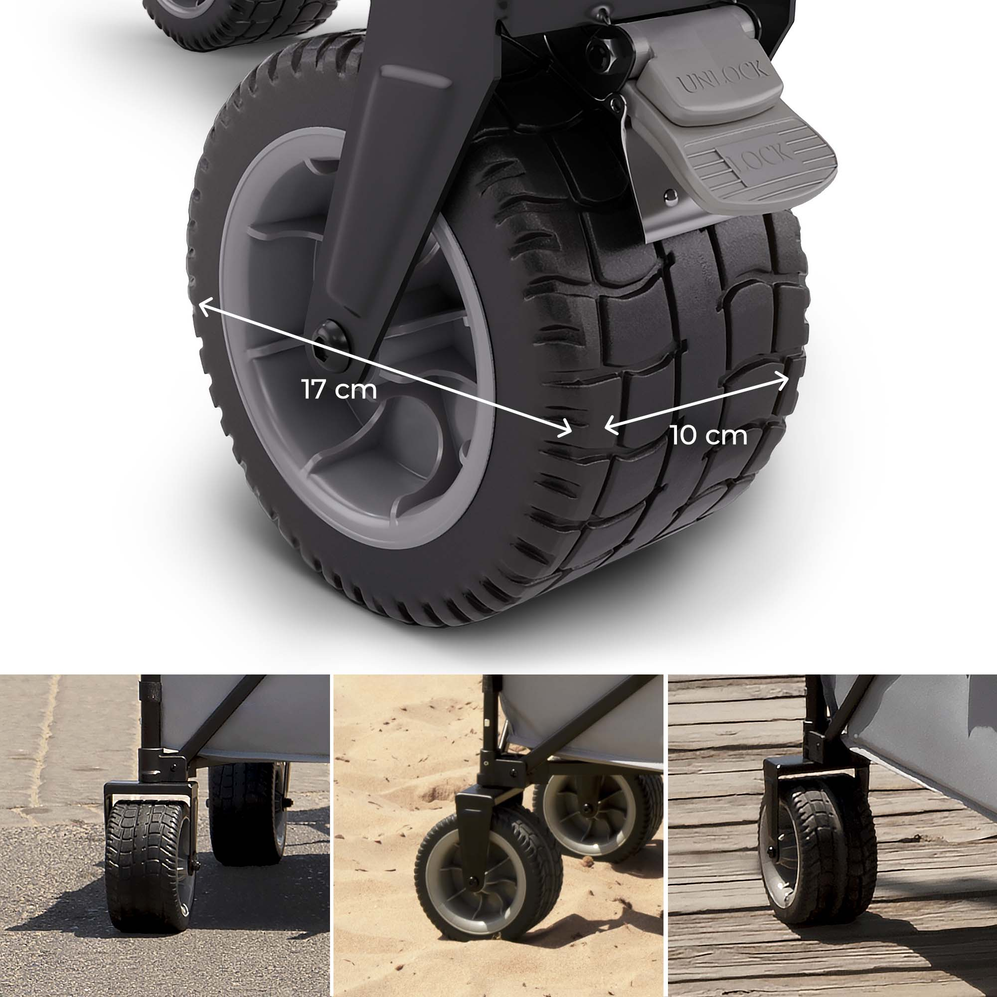Nahaufnahme eines Wagens mit Rädern, Maße 17 cm und 10 cm.