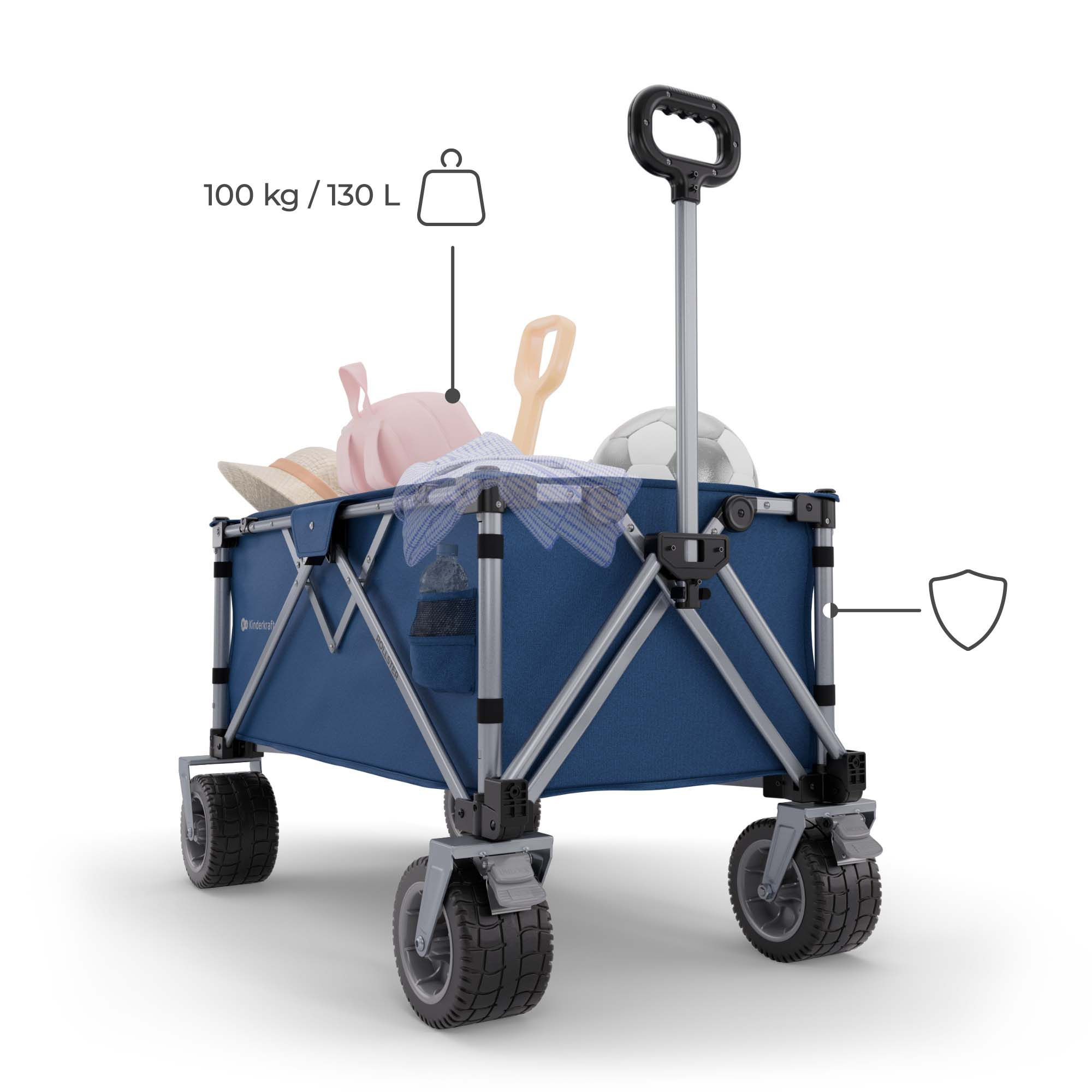 Ein blauer Bollerwagen mit Spielzeug, Hut und Flasche, auf weißem Hintergrund.