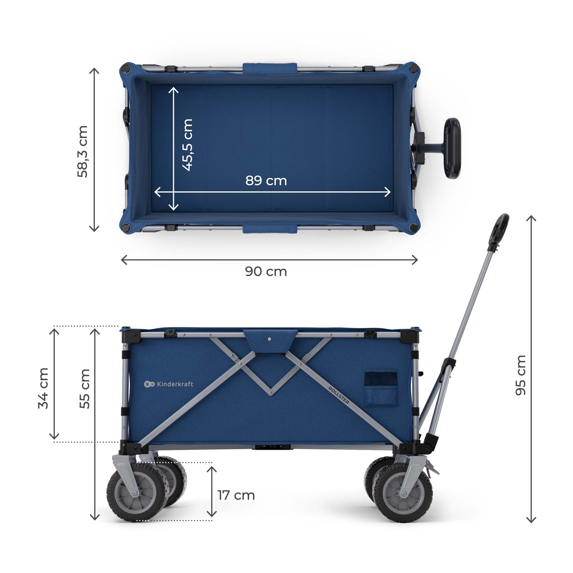 Blauer Bollerwagen mit Maßen und Rädern. Ober- und Seitenansicht.