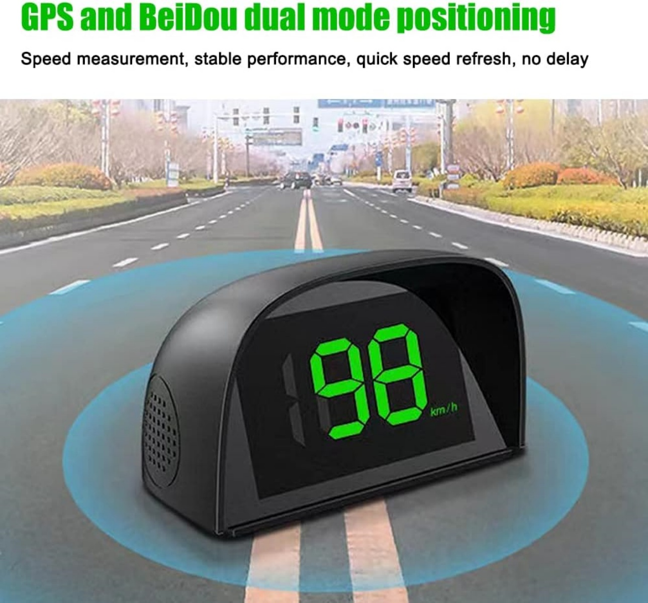 Head-up-Display zeigt 98 km/h Geschwindigkeit auf einer Straße mit Verkehr.