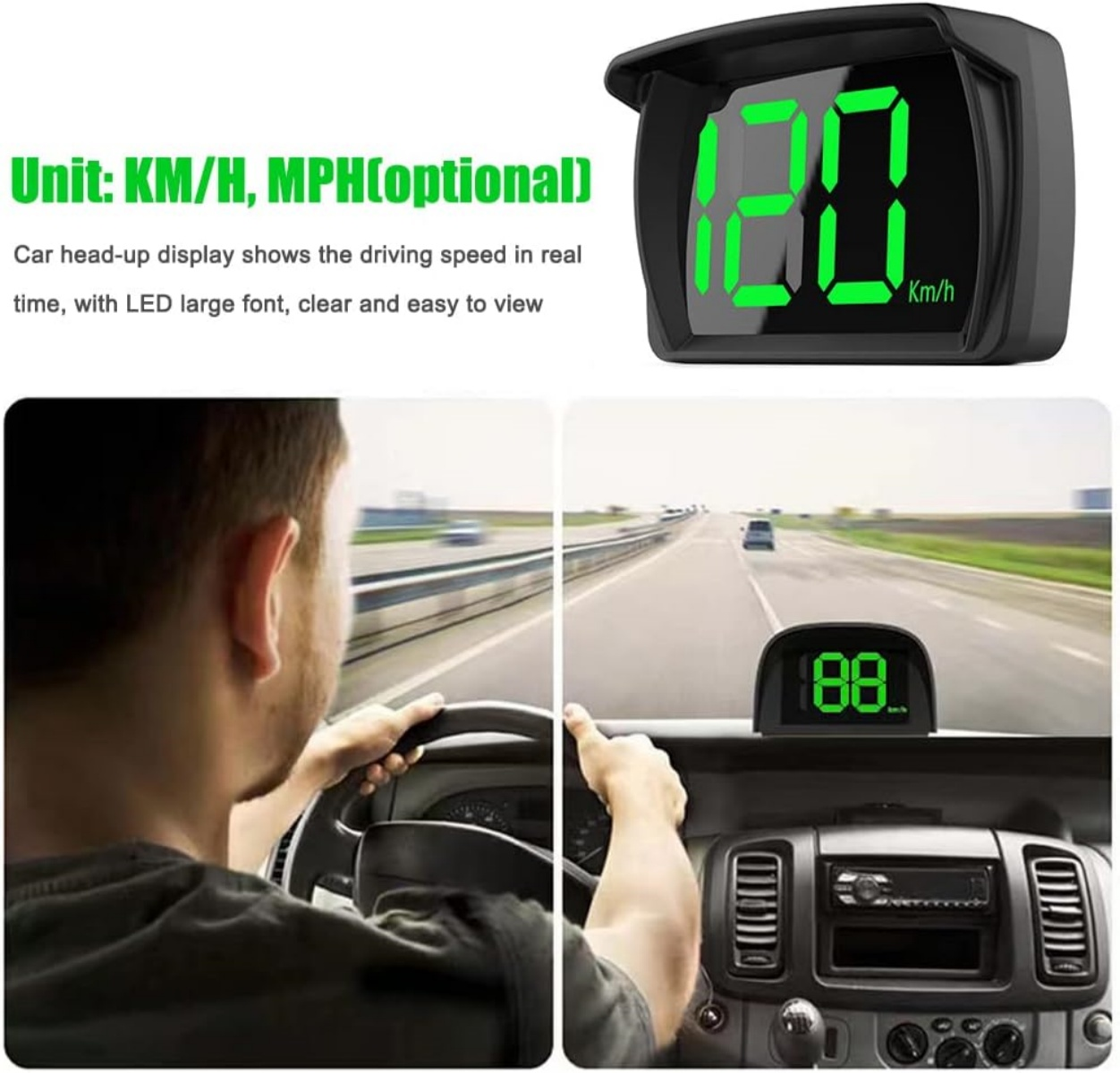 Ein Head-up-Display zeigt 120 km/h an. Ein Fahrer hält das Lenkrad.