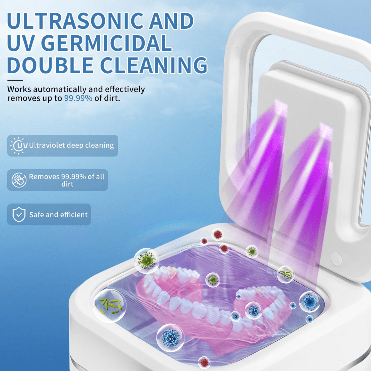 Ein Ultraschallreiniger mit UV-Licht reinigt eine Zahnprothese. Bakterien sind sichtbar.