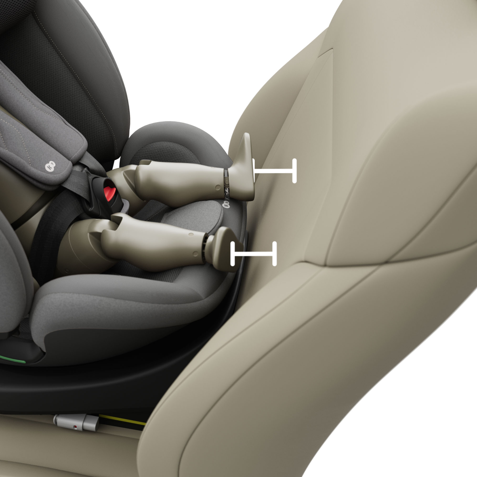 Ein Kindersitz ist an einem Autositz befestigt. Details sind sichtbar.