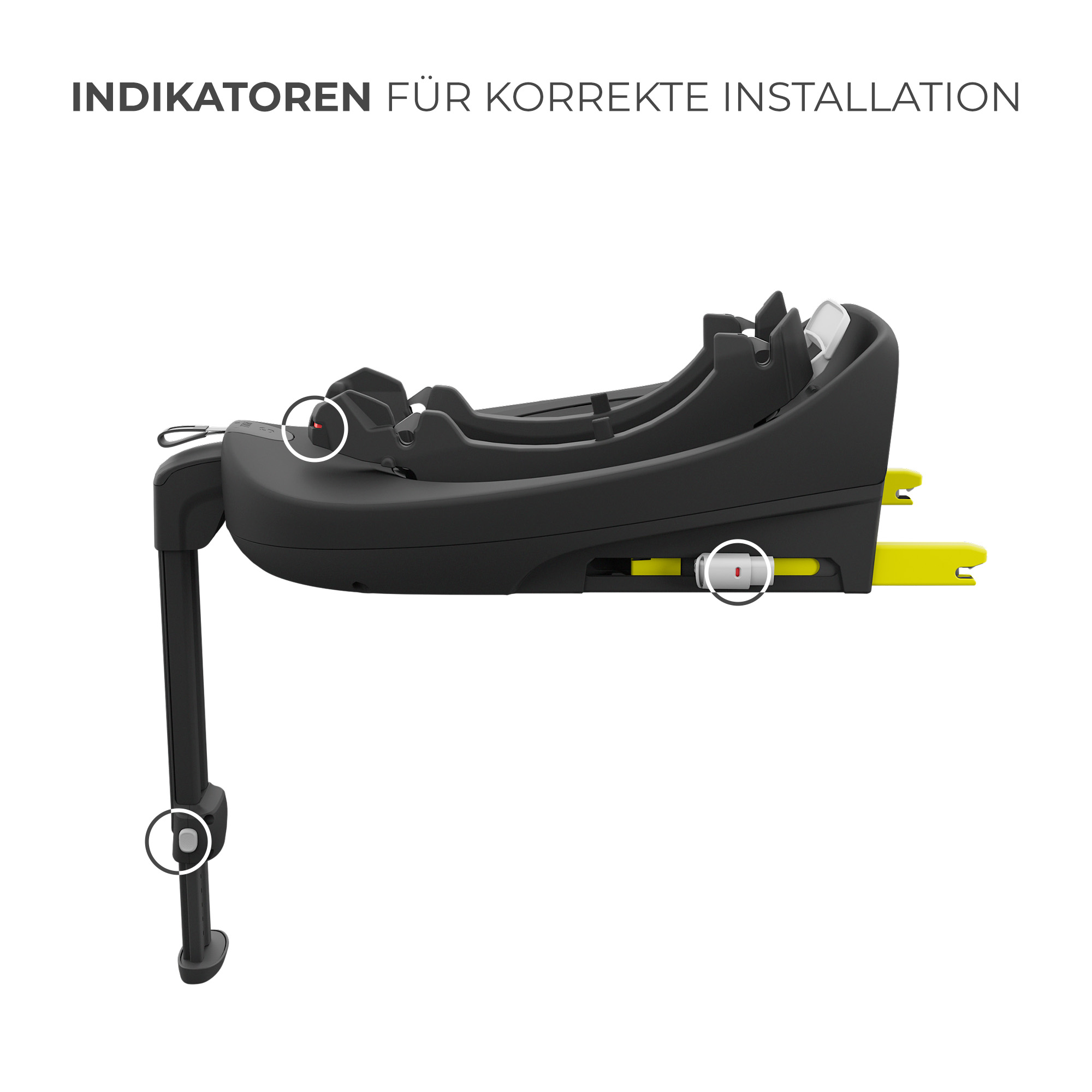 Schwarze Babyschale Basis mit gelben Indikatoren und Stützfuß.
