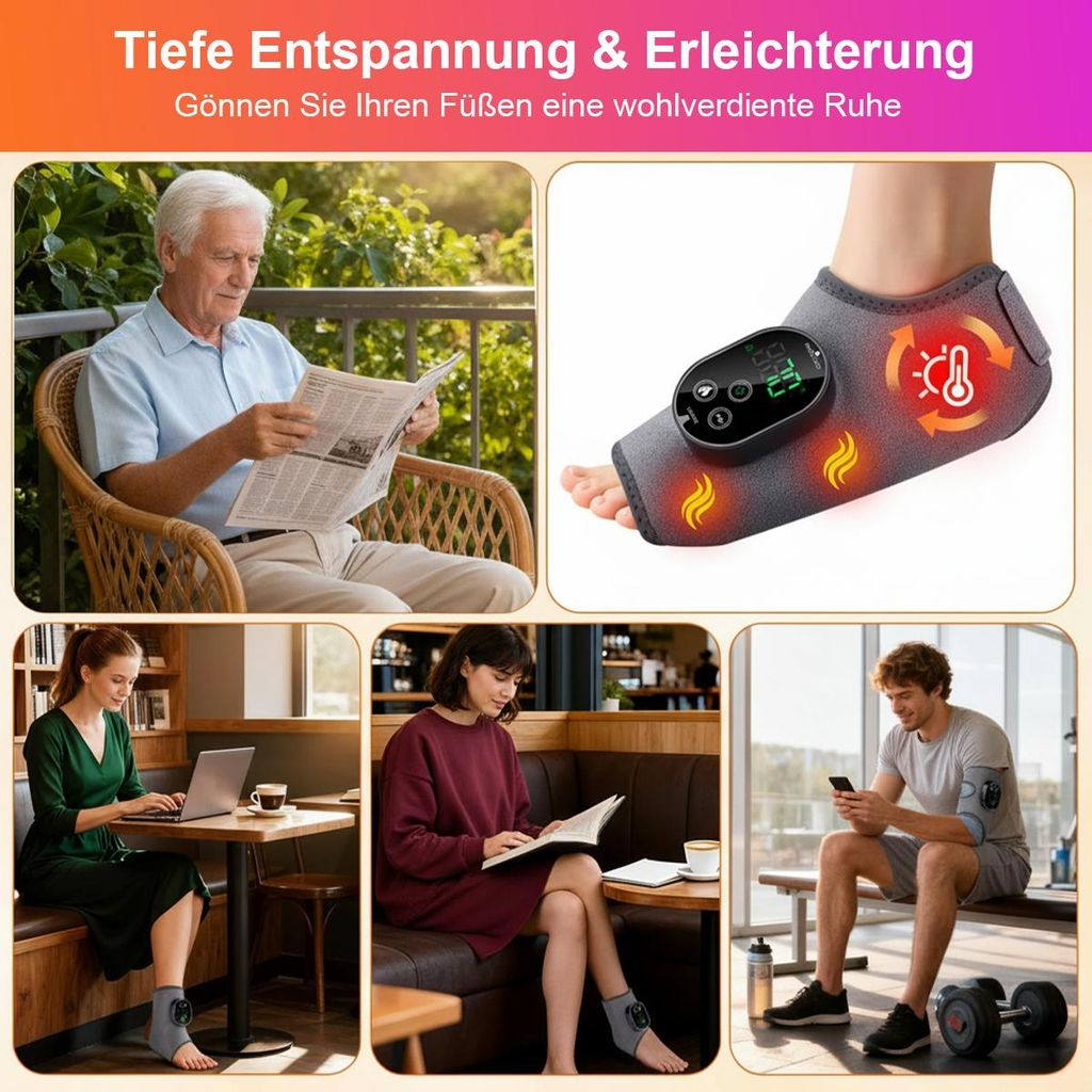 Mann liest Zeitung, Fuß mit Heizgerät, Frau am Laptop, Frau liest, Mann am Handy.