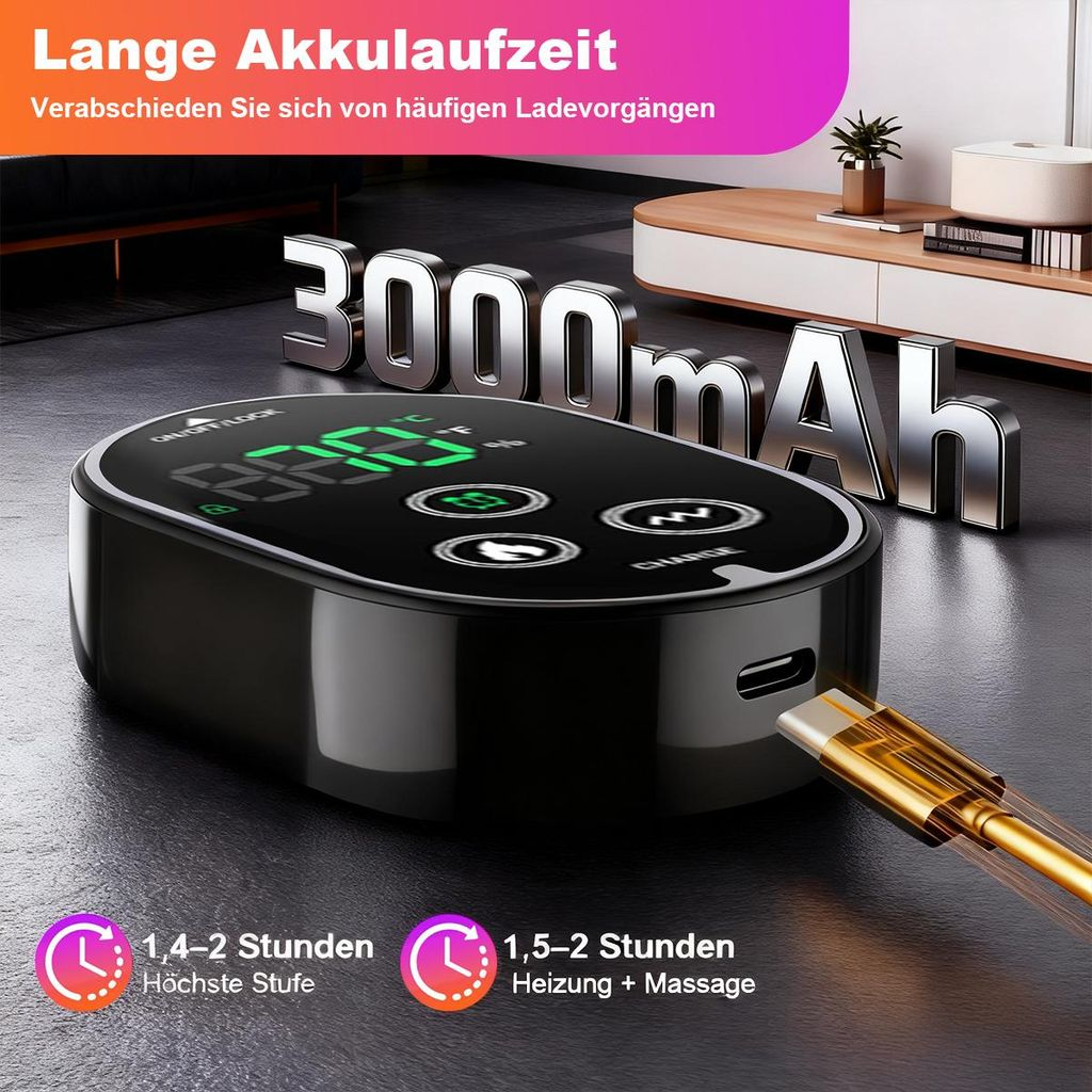 Schwarzes Gerät mit 3000mAh Akku, wird geladen, mit Zeitangaben.