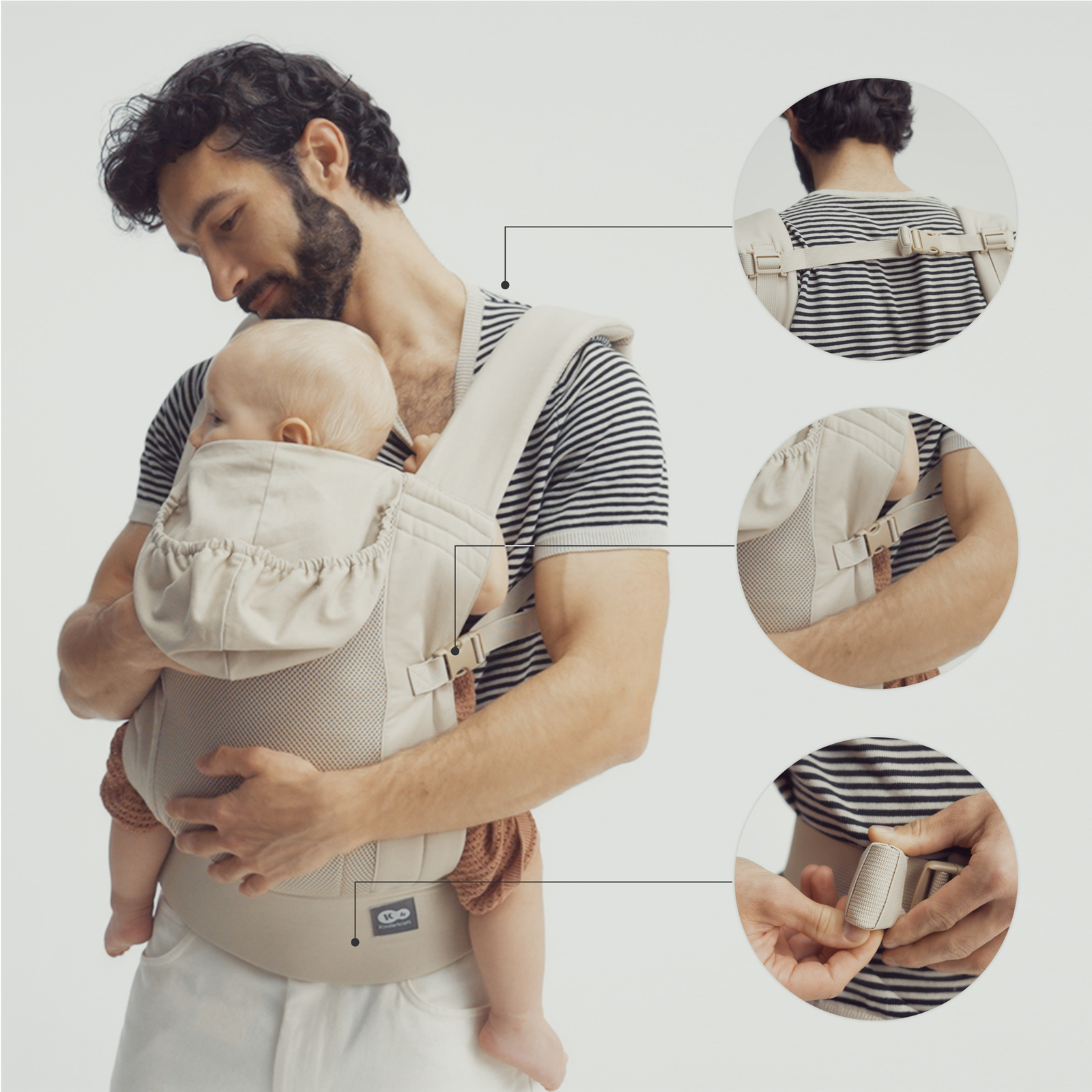 Mann trägt Baby im beige Trage. Nahaufnahmen zeigen Gurte und Schnallen.