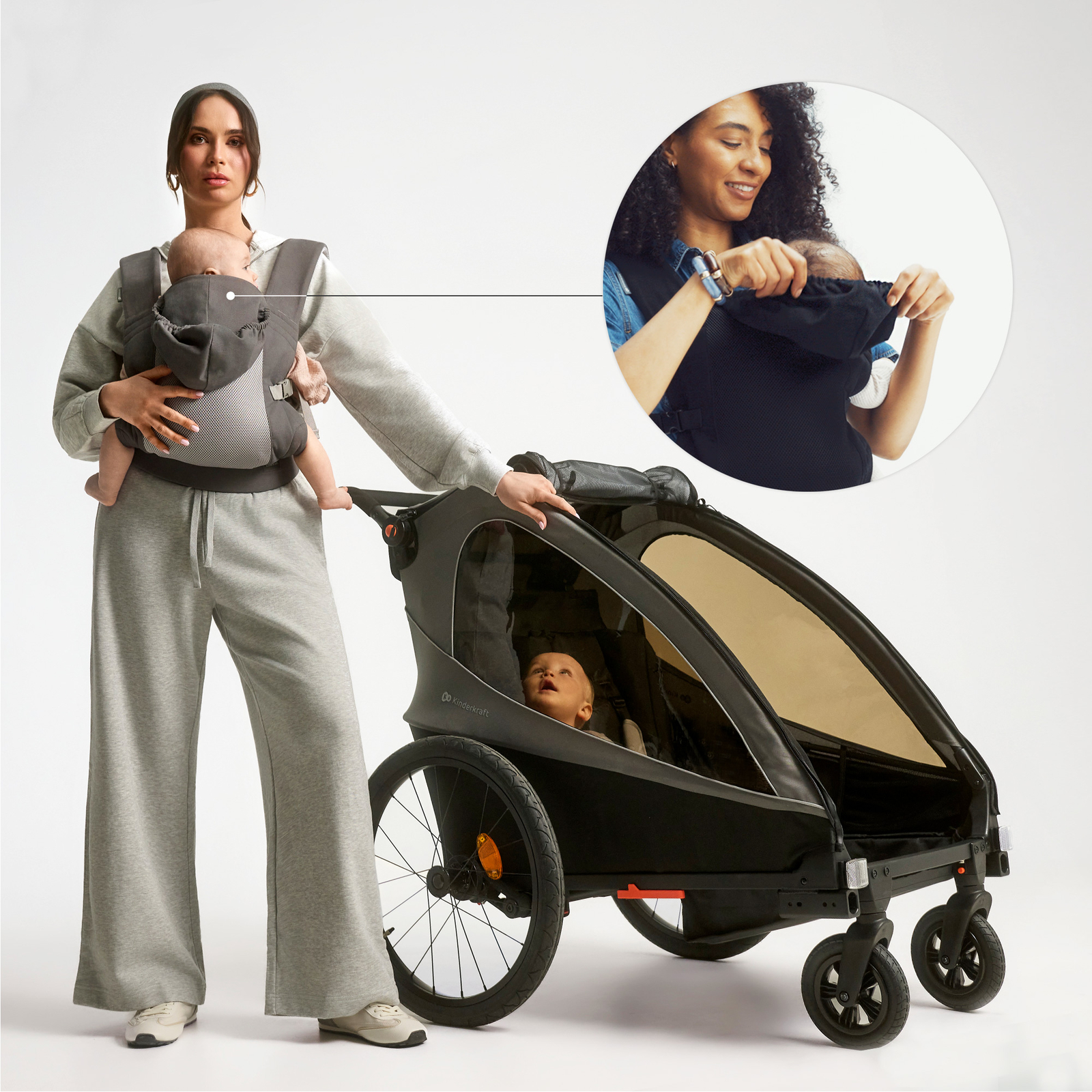 Frau mit Baby im Tragetuch neben Kinderwagen; Einsatz zeigt eine andere Frau mit Baby.