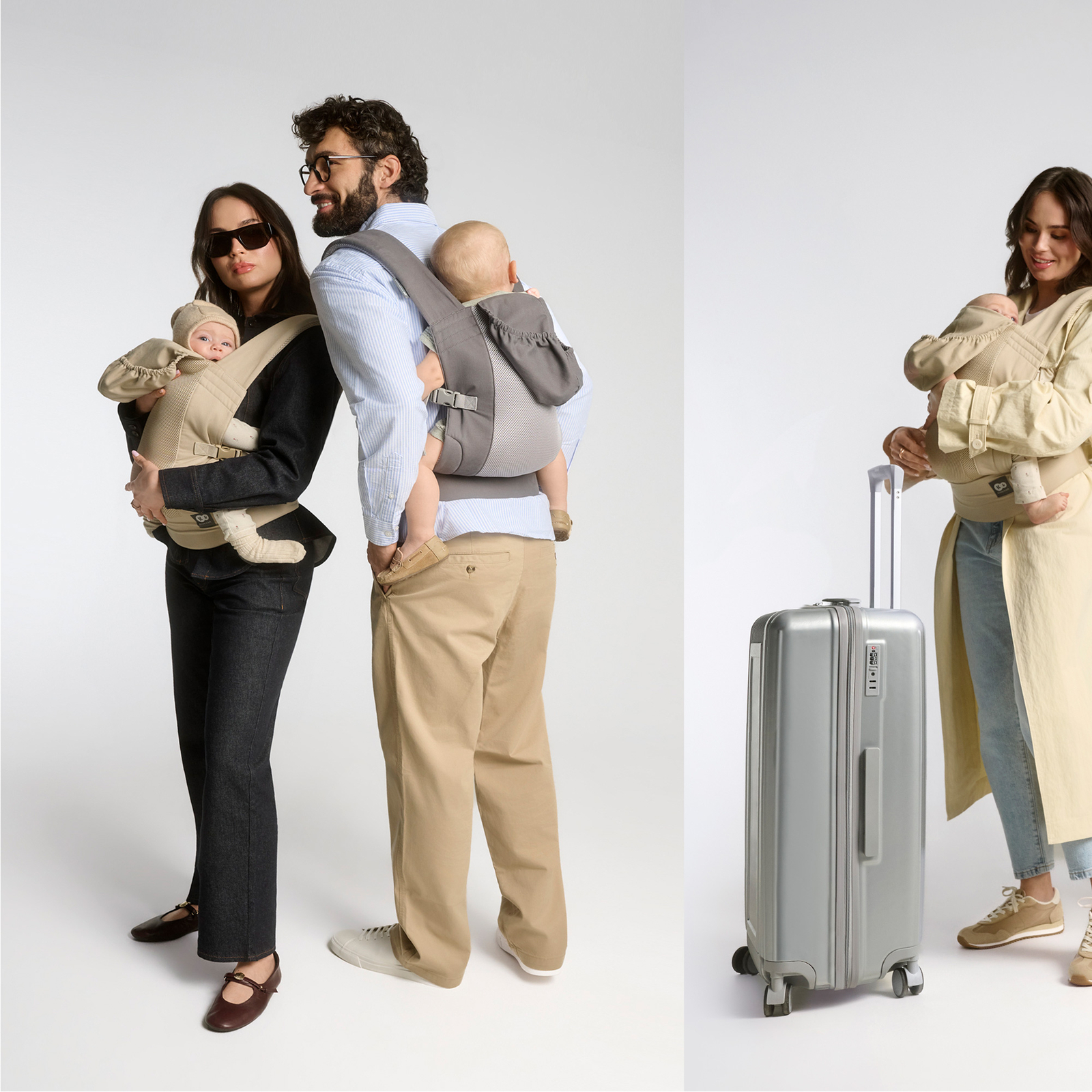 Mann und Frau mit Babys in Tragen, eine Frau mit Koffer.