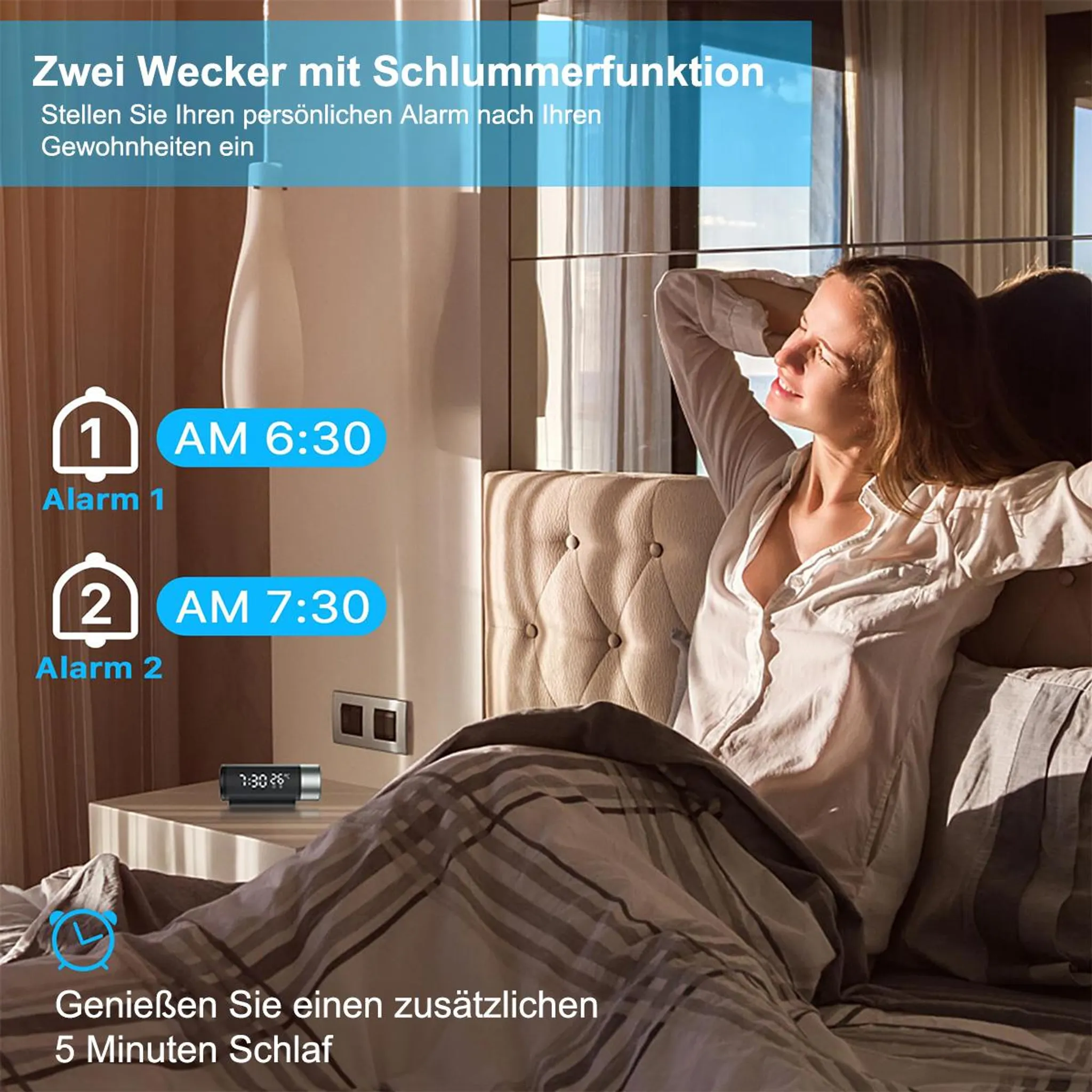 Zwei Wecker mit Schlummerfunktion, Alarm 1 um 6:30 Uhr, Alarm 2 um 7:30 Uhr.